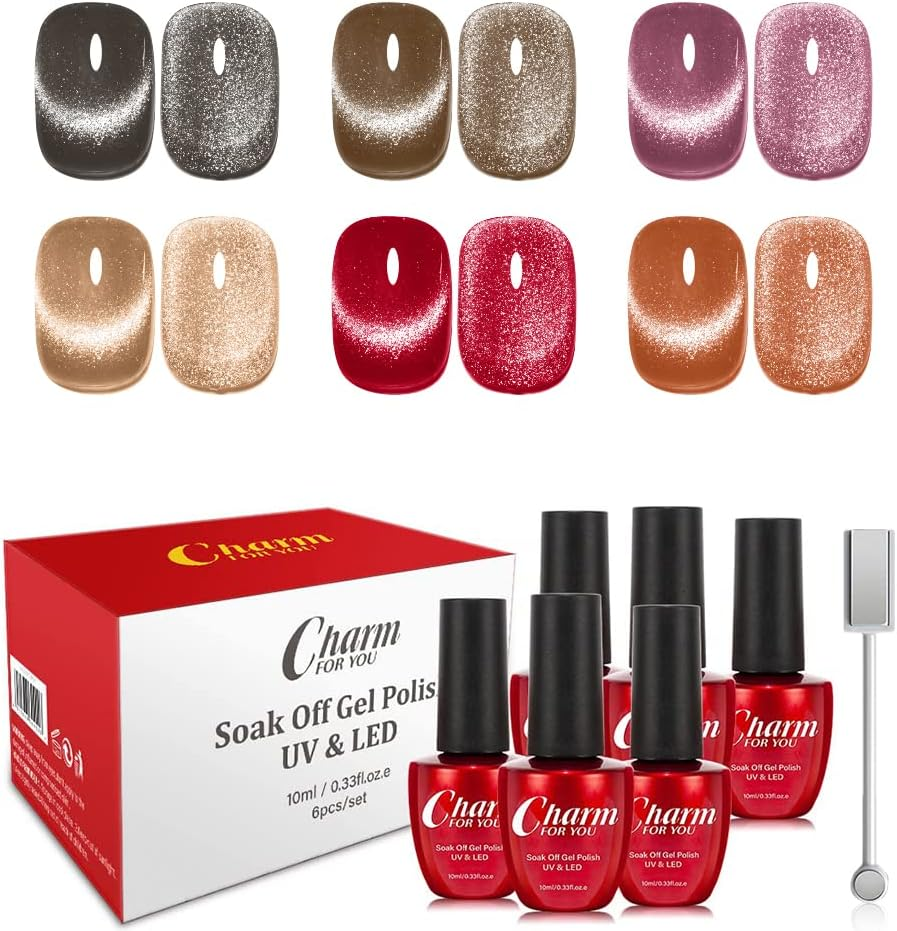 Magnetic Gel Nail Polish Set, 6 Colors Wide Amber Cat Eye Gel Polish Crystal Jelly Transparent 9D Cateye UV Gel Soak off Nail Polish Art Manicure Kit with Magnetic Stick image number 1