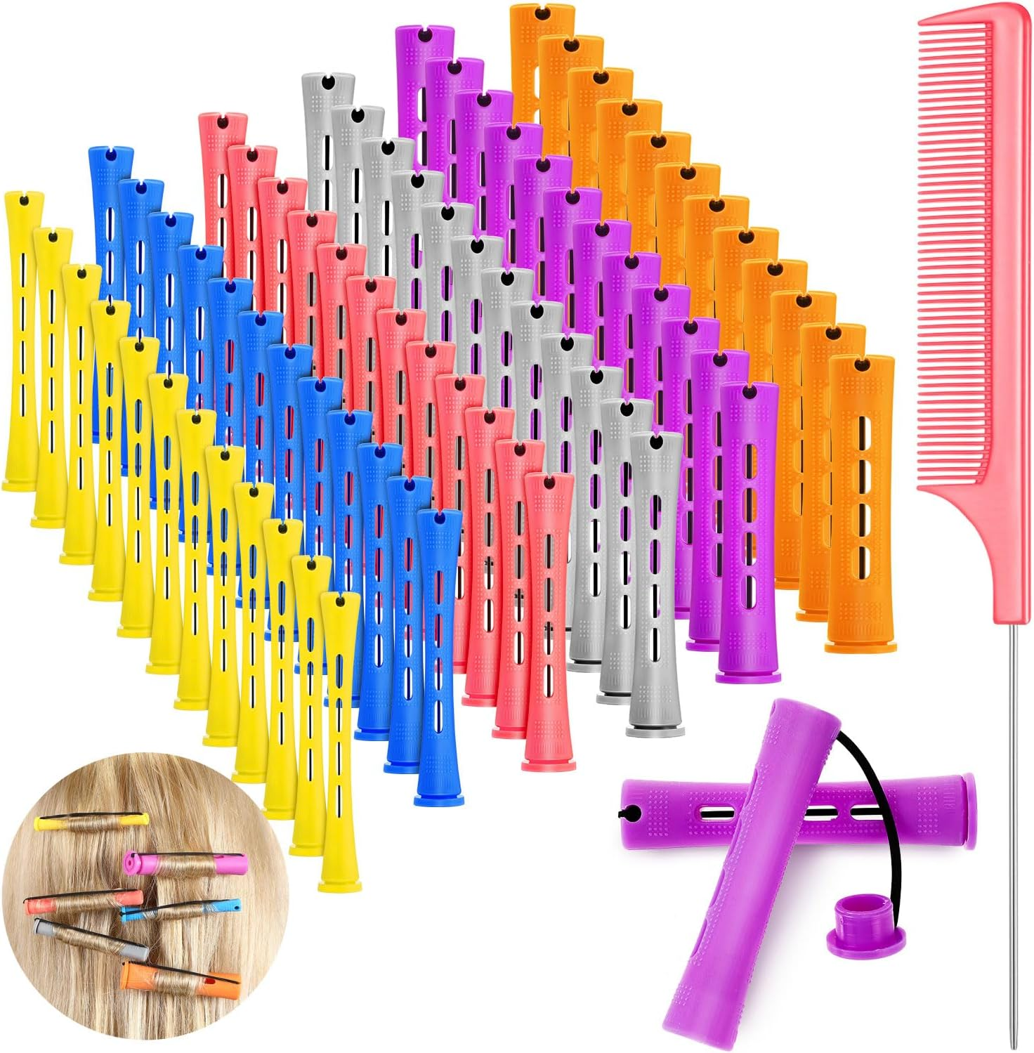 WILLBOND 72 Pcs Hair Perm Rods Kit Short Plastic Perming Rods Set Cold Wave Rods 6 Sizes Hair Curling Rollers Hairdressing Tools with Steel Tail Pintail Comb for Hair Styling (6 Colors, 3.27 In) image number 1