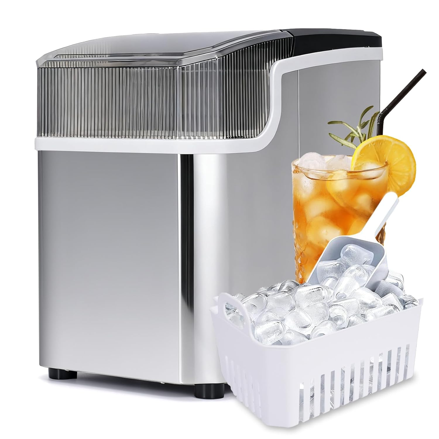 Portable Countertop Ice Maker, 9 Bullet Ice in 6&ndash;10 Mins, 12&ndash;15Kg/24H, 1.5L Water Tank, Auto-Clean Stainless Steel Icemaker with Basket & Scoop for Home, Office, Bar (Stainless Steel, 1.5L) image number 3
