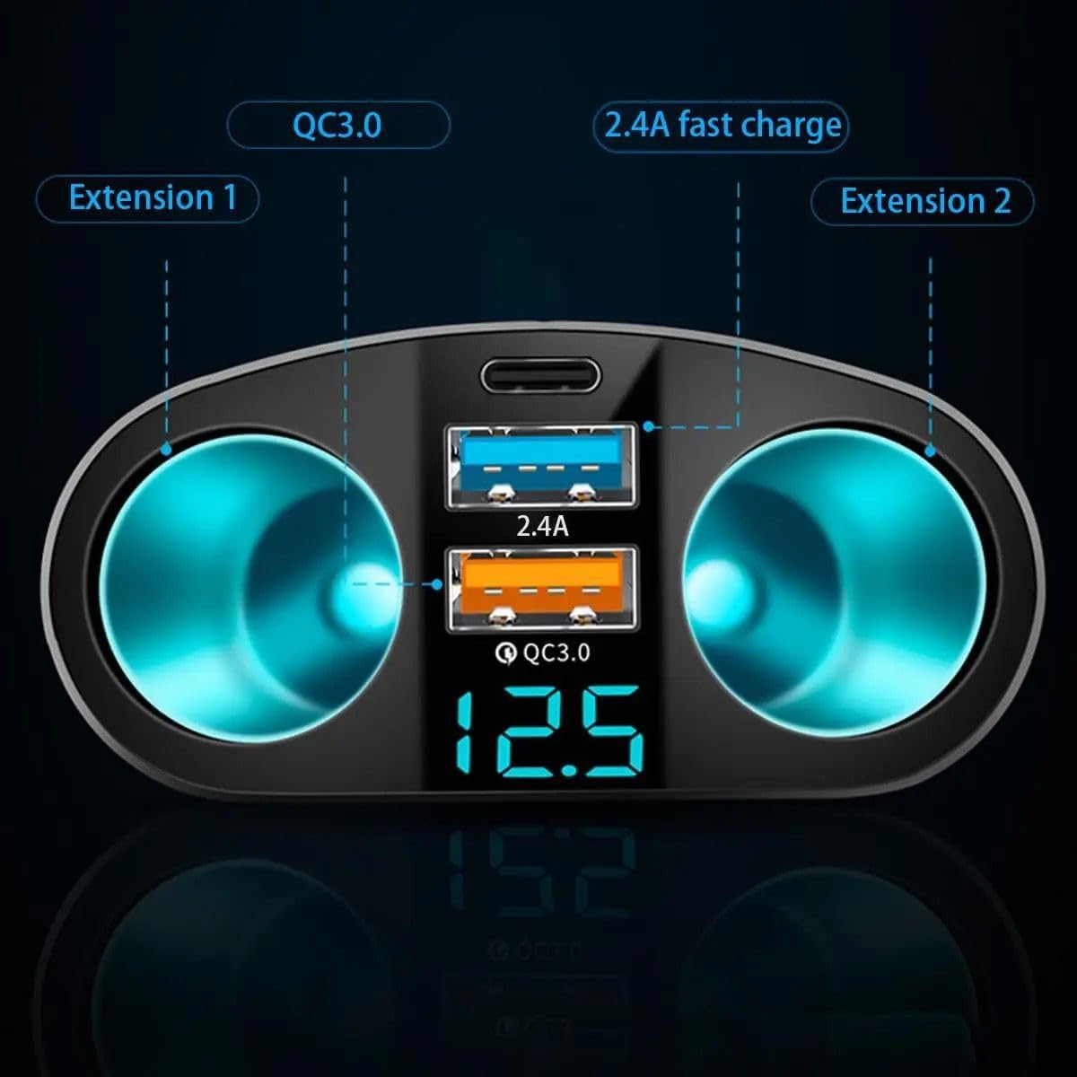 120W Car Charger Cigarette Lighter Double Power Adapter Socket Splitter Dual USB a and Type C Plug Adapter Power Socket Adapter with Voltage LED Display image number 3