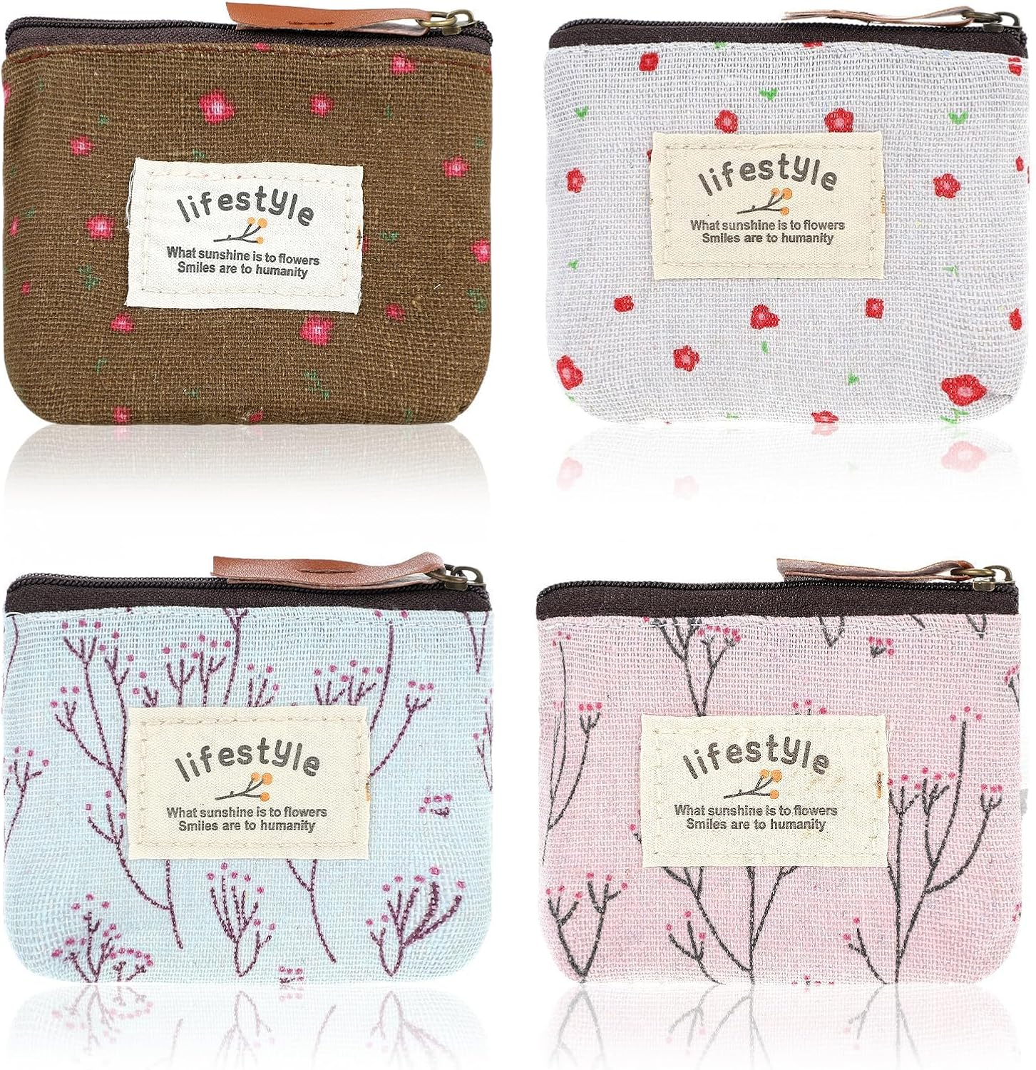 4 Pack Mini Linen Floral Small Makeup Bag, Mini Makeup Bag with Zip, M-Ini Canvas Coin Purse, Portable Toiletry Organizer, Wallet for Storing Coin, Credit Card, ID Card image number 1