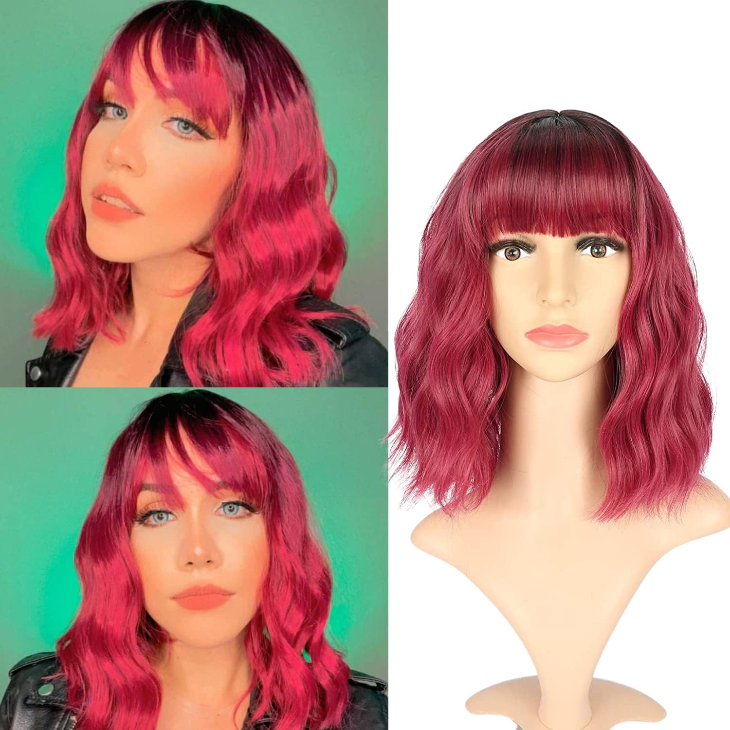 VCKOVCKO Pastel Wavy Wig with Fringe Short Bob Purple Pink Wig Curly Wavy Shoulder Length Pastel Bob Synthetic Cosplay Wig for Girls Colourful Costume Wigs (12 Inches, Purple Pink)