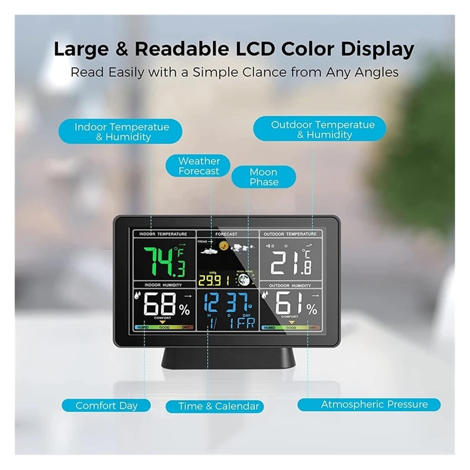 Wireless Colorful Weather Station Forecast Digital Temperature Humidity Trend Meter Atmospheric Pressure Moon Phase Alarm Clock