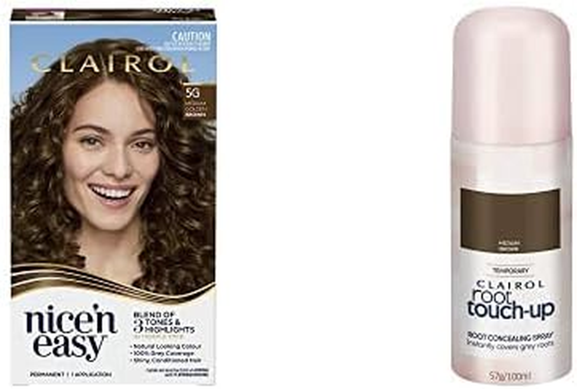 Clairol Hair Colour Bundle: Clairol Nice'N Easy 5G Natural Medium Golden Brown + Root Touch up Root Concealing Spray - Medium Brown, for Brown Hair