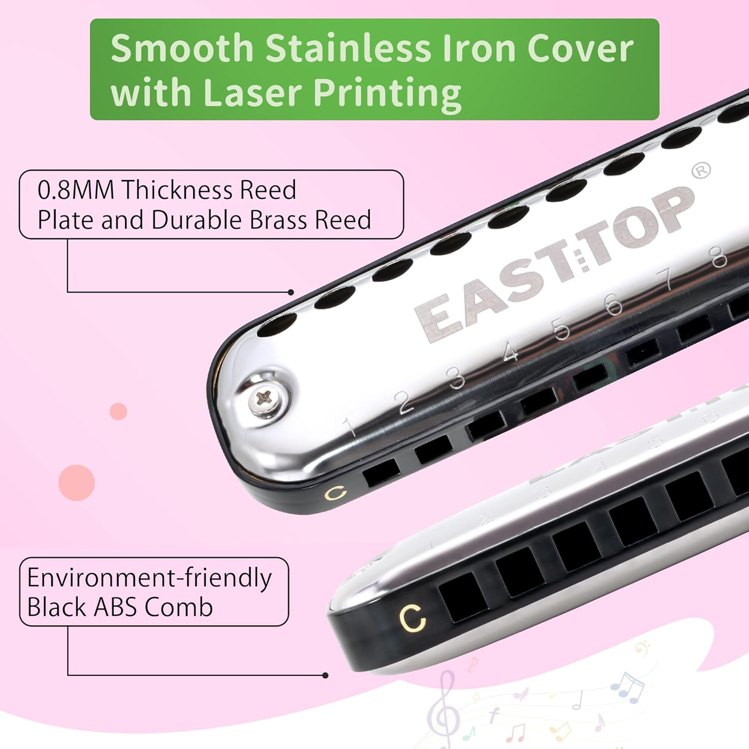 EAST TOP Junior Harmonica,Smoothly Rounded Edge 10 Holes C Key Blues Mouth Organ Harmonica for Kids and Children as Gift,With Fabric Cloth Pouch,Colourful Box, Black image number 3