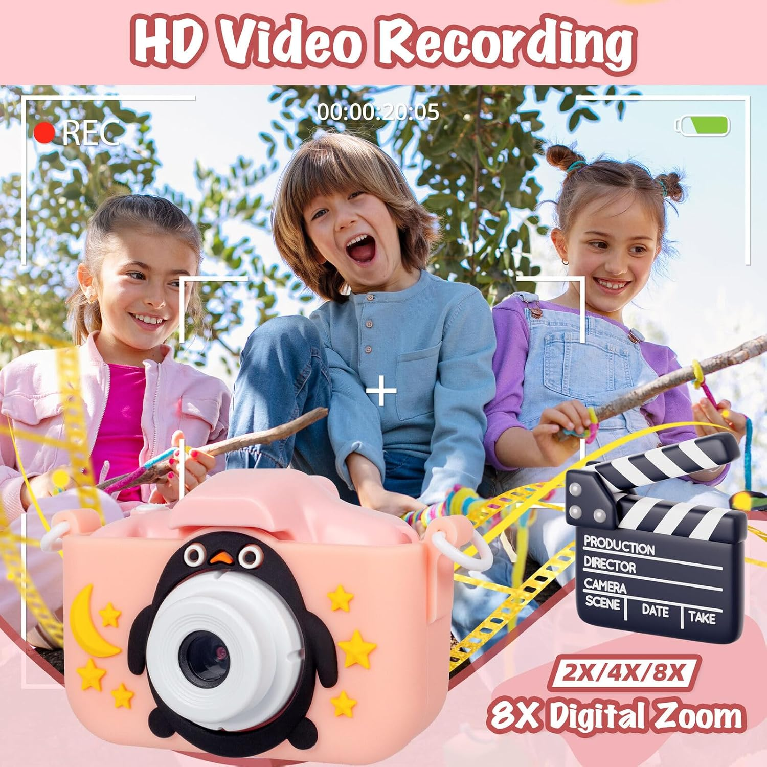 Lenoxx Kids Digital Camera with Dual Front & Rear Lens, 4X Digital Zoom, 1080P HD Video Recording, 2.0&rdquo; Screen, 32GB Card, Built-In Games, Filters & Frames &ndash; Pink