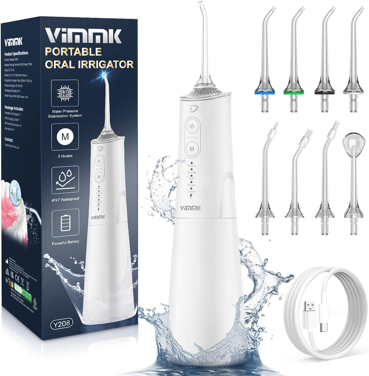 Water Flosser, Vimmk Cordless Oral Irrigator for Teeth, Gum, Braces Deep Cleaning, 8 Tips, 5 Modes, 300ML Rechargeable Water Dental Flosser, IPX7 Waterproof, Portable Design for Home Travel (Black)