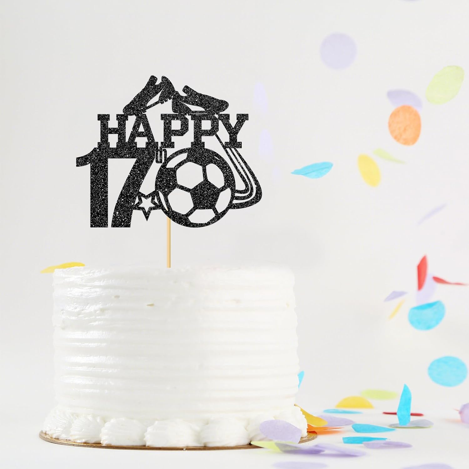 Monmon & Craft Soccer 17Th Birthday Cake Topper/Sport Theme Soccer Ball Cake Docer/Soccer Player Boy 17Th Birthday Party Decorations - Black Glitter