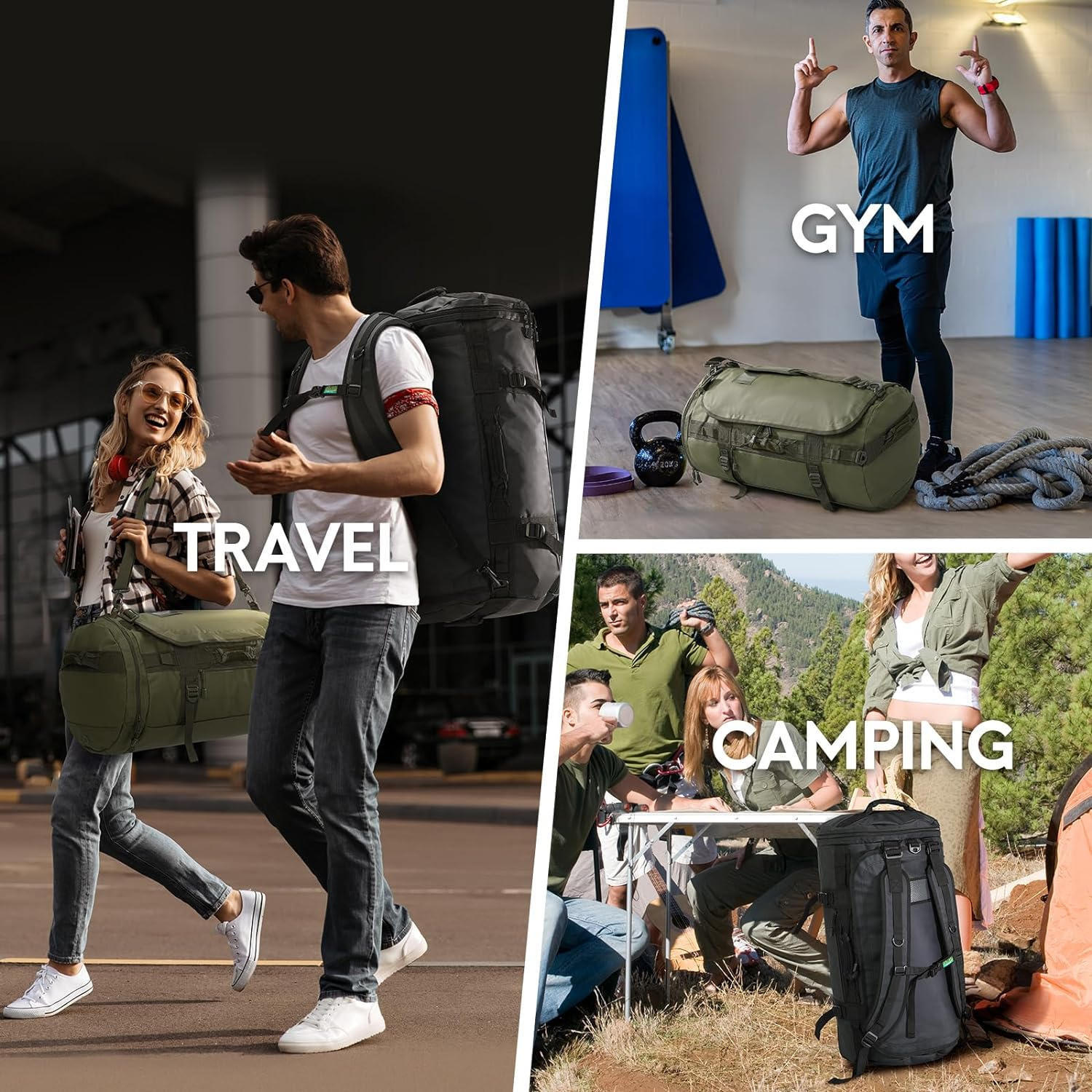 Haimont Large Duffle Bag Backpack for Men Women, 60L Convertible Travel Duffel Bags with Shoes Compartment, Carry on Durable Duffle for Sports Gym Hiking Camping, Army Green image number 4