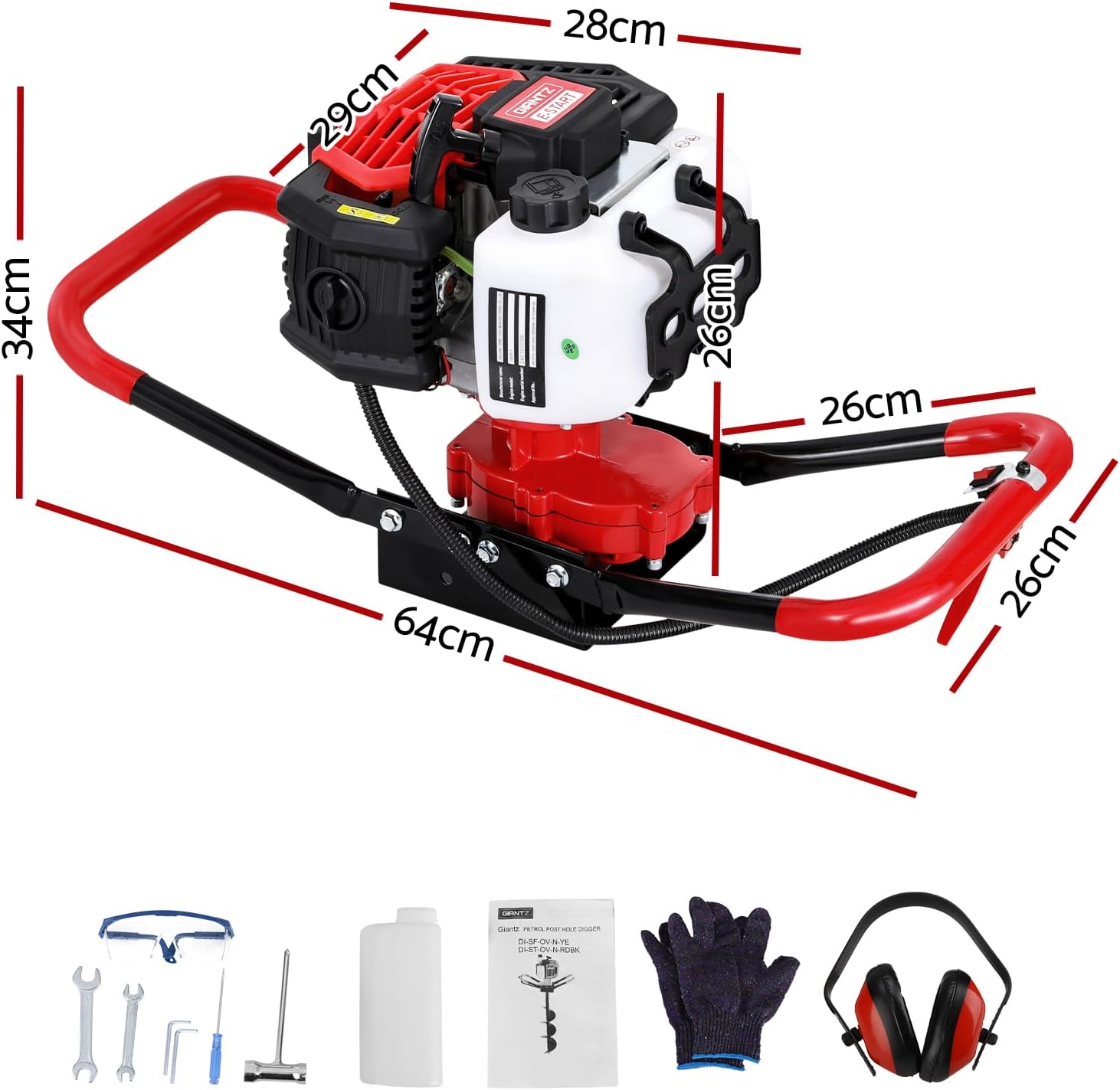 Giantz Post Hole Digger 65CC Motor Only Petrol Hand Engine Diggers E-Start Red