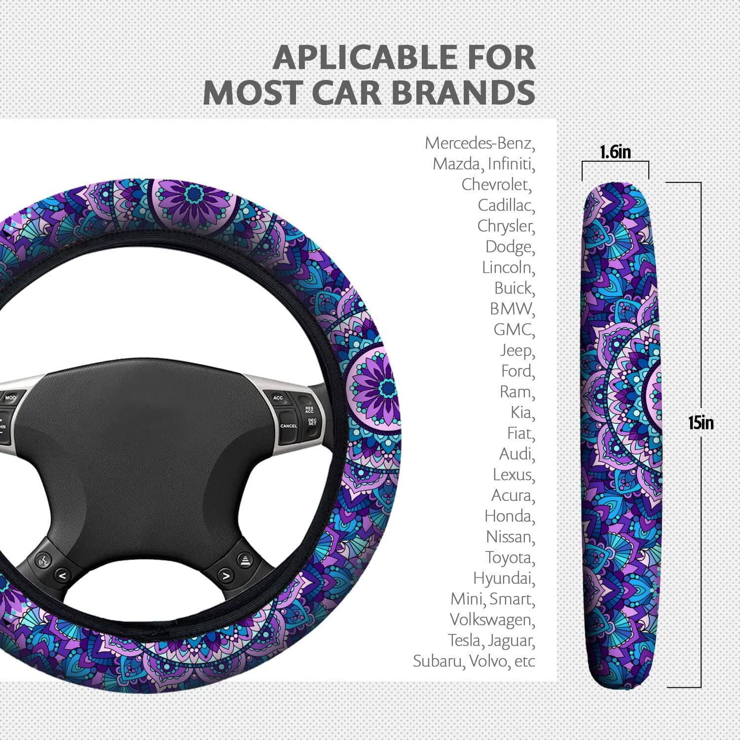 4 Pieces Mandala Purple Lotus Steering Wheel Cover Set with 2Pcs Car Cup Coasters & Quarter Keyring, Cute and Fashionable Non-Slip Purple Steering Wheel Cover, Universal Fit 14-15.5 Inches - Purple image number 3