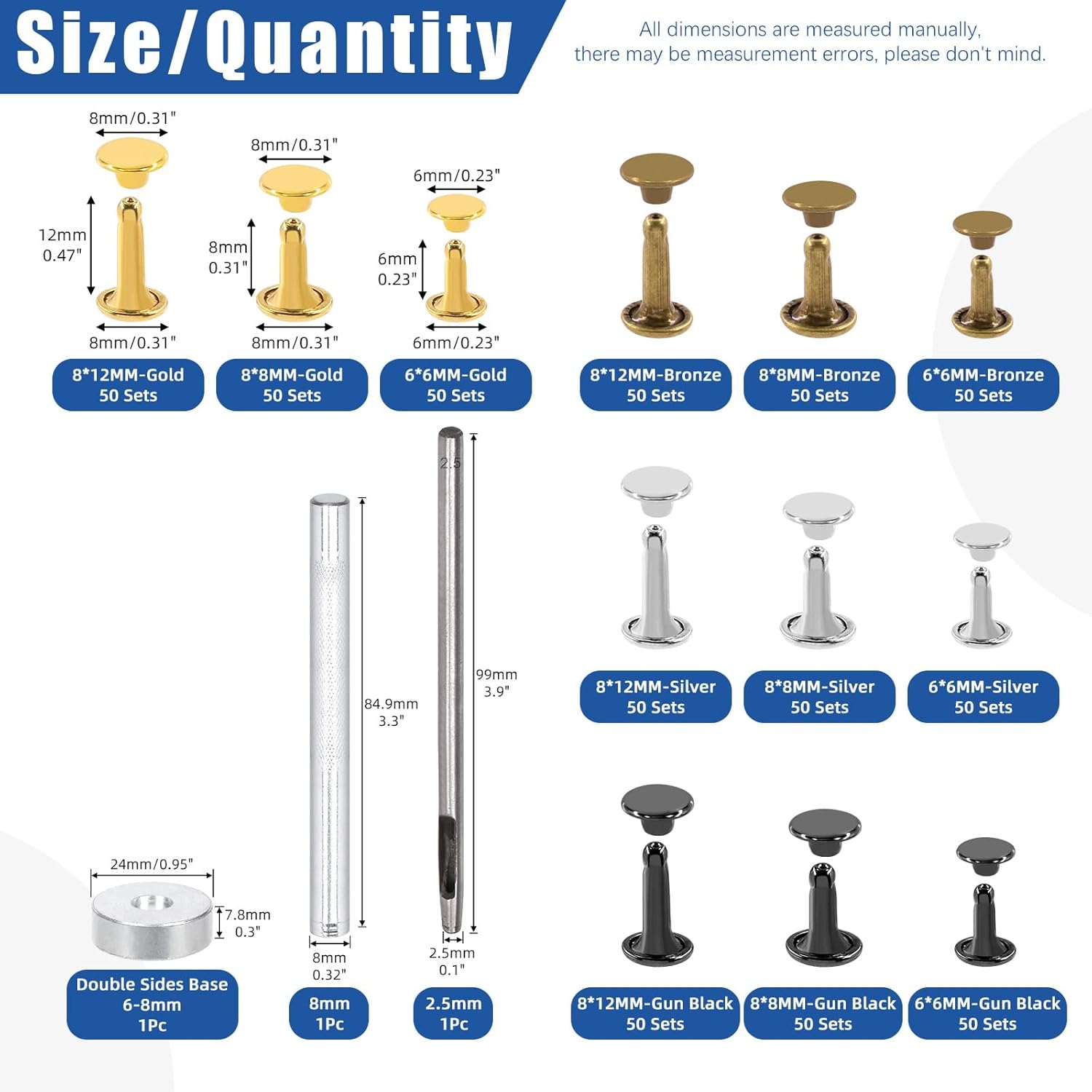 Glarks 600 Sets Leather Rivets with 3Pcs Setting Tool Kit, 4 Colors 3 Sizes Double Cap Rivets Tubular Metal Studs Leathercraft Rivets for Bags Clothing Shoes Leather Craft - 360 Sets + Hammer image number 6