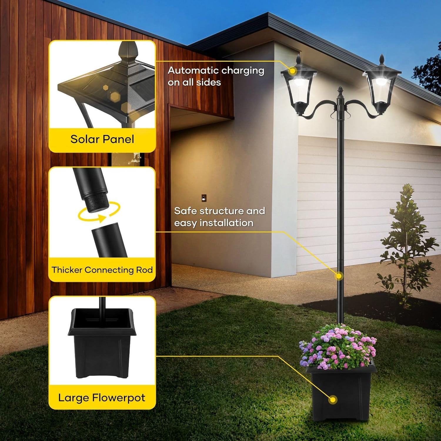 OGL 186Cm Solar Led Light Post Planter Outdoor Street Garden Security Pole Lamp Driveway Pathway Patio Yard Lantern Double Lights