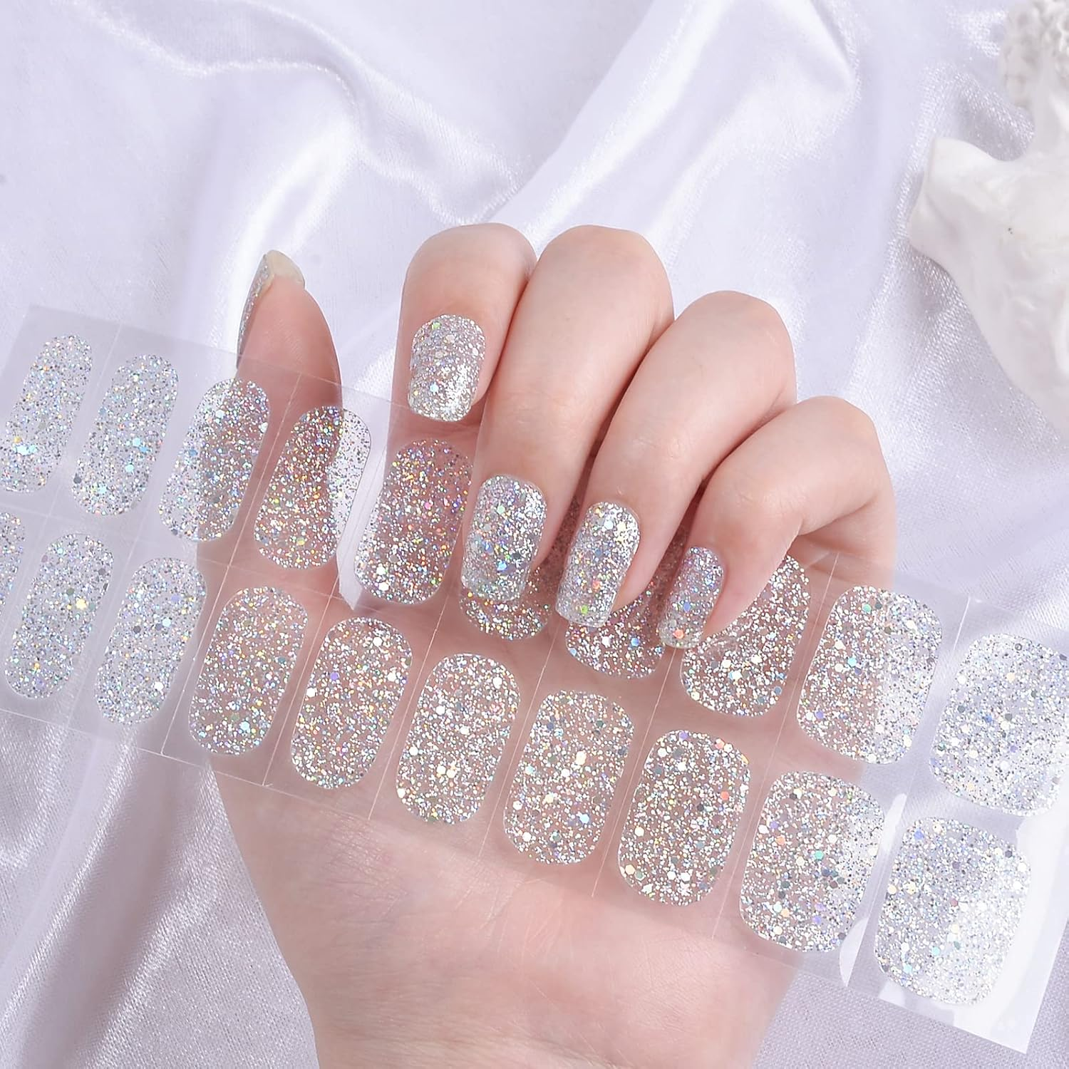 LIFOOST Glitter Gel Nail Strips Clear Nail Art Stickers 20 Extra-Long Gold Sequins Gel Manicure Wraps