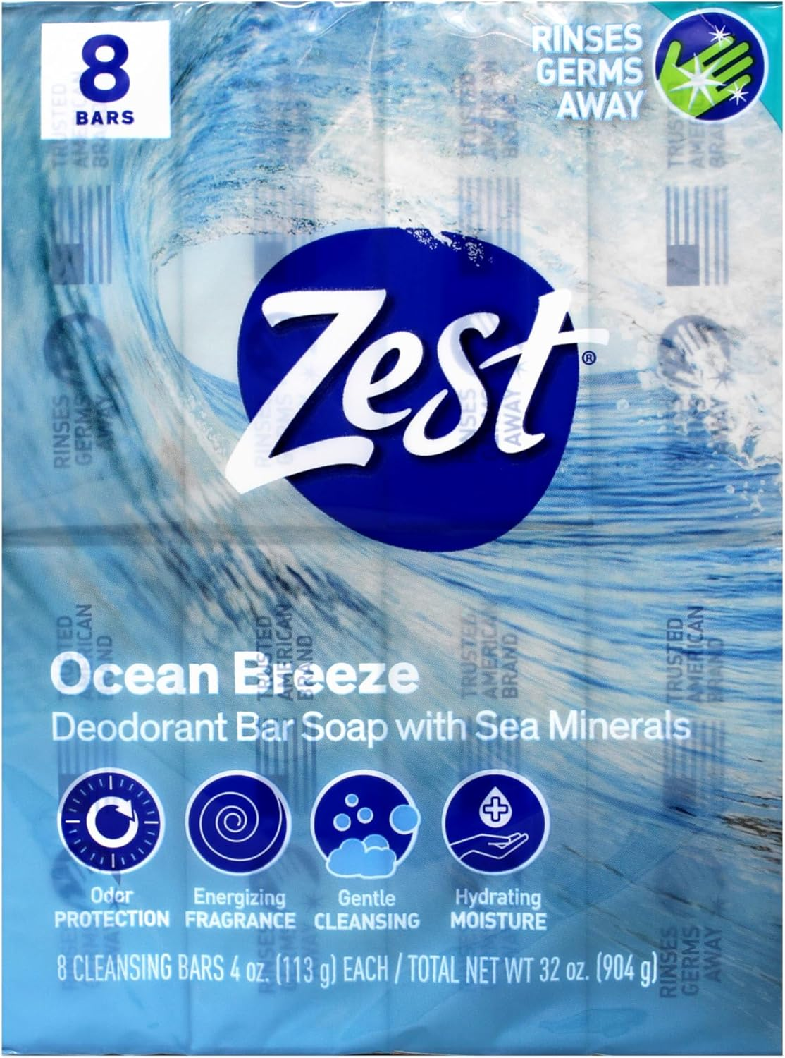 Zest Deodorant Bar Soap, Ocean Breeze, 4 Oz, 8 Bars