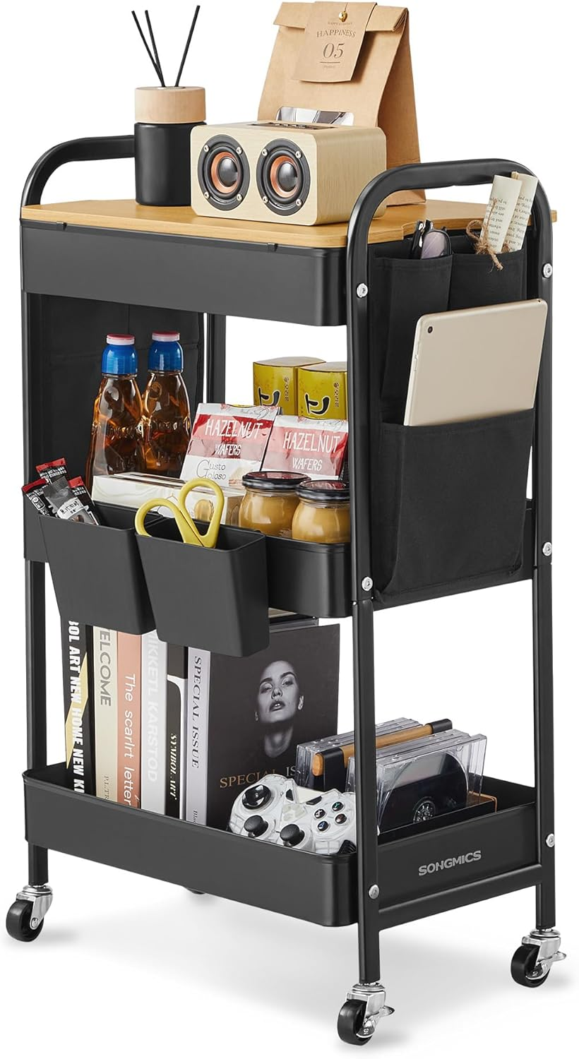 SONGMICS Kitchen Trolley, 3 Metal Mesh Shelves, Serving Trolley, 2 Removable Hanging Containers, 2 Organisers, for Office, Kitchen, Living Room, Bathroom, Cloud White LRC036W01