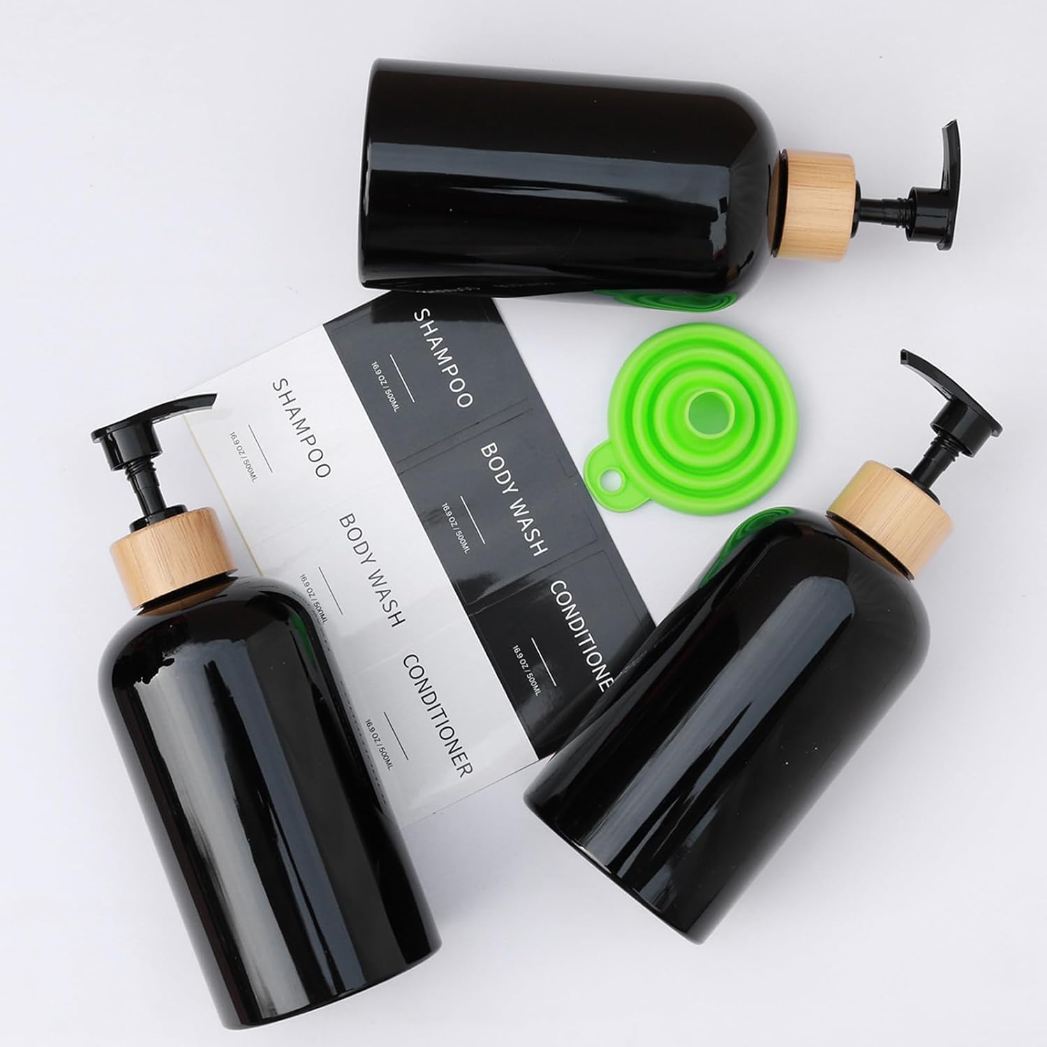 Shampoo and Conditioner Dispenser, Refillable Plastic Shampoo Pump Bottles with Waterproof Labels, Empty Body Wash Dispenser Set for Bathroom, Shower Soap Bottles (Black, Set of 3, 16.9Oz) image number 4