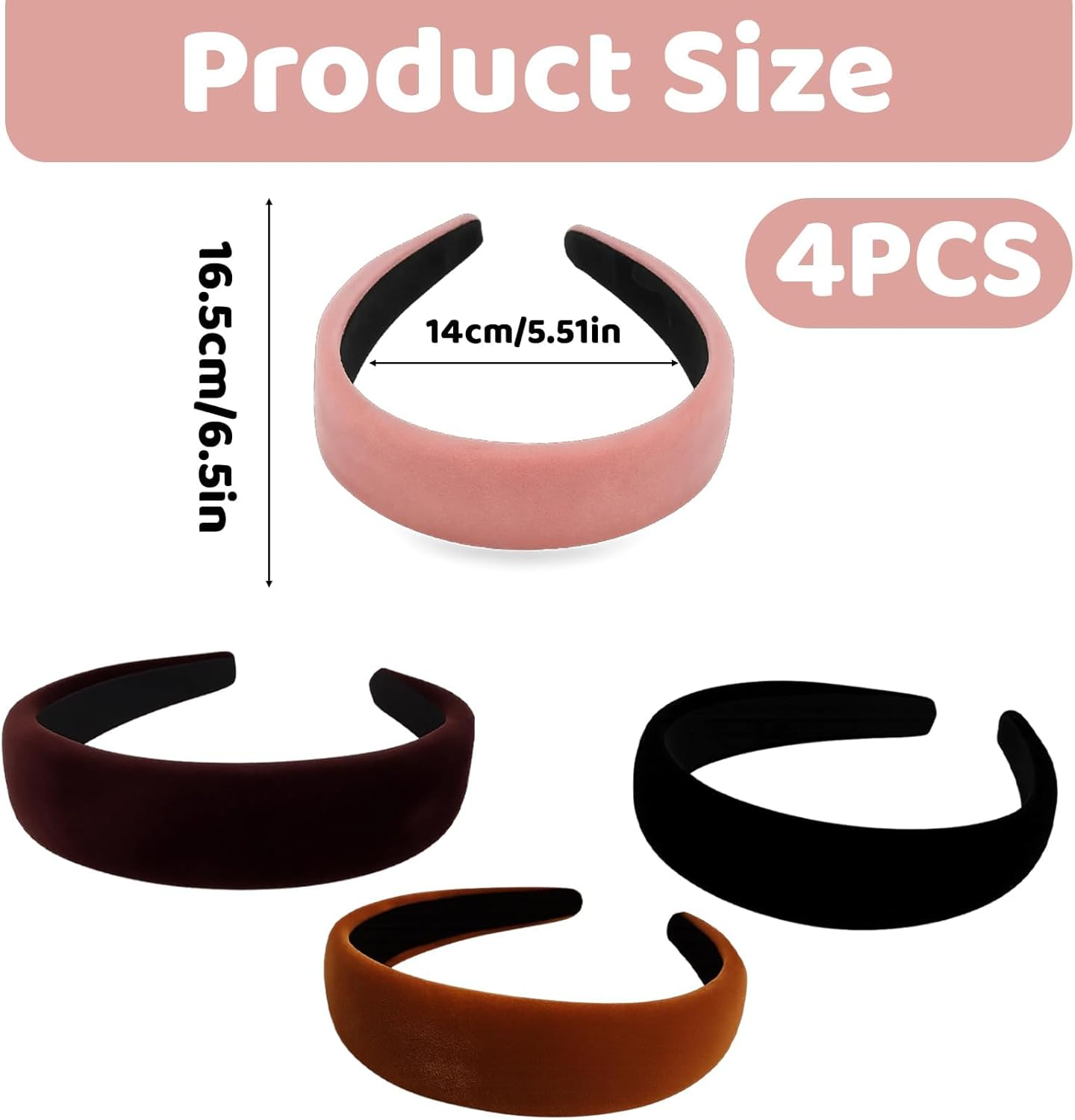 Pack of 4 Wide Velvet Headbands, Wide Velvet Headbands, Band Headbands, Hard Headbands, Non-Slip Hard Headbands for Women and Girls image number 3