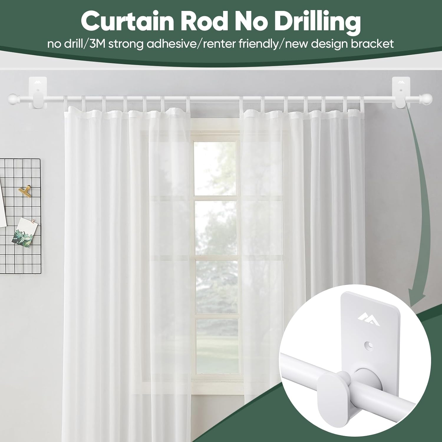 Curtain Rods No Drilling for Windows 30 to 90 Inches,5/8 Inch Diameter No Drill Curtain Rod Set with 3M Adhesive Brackets, White image number 4