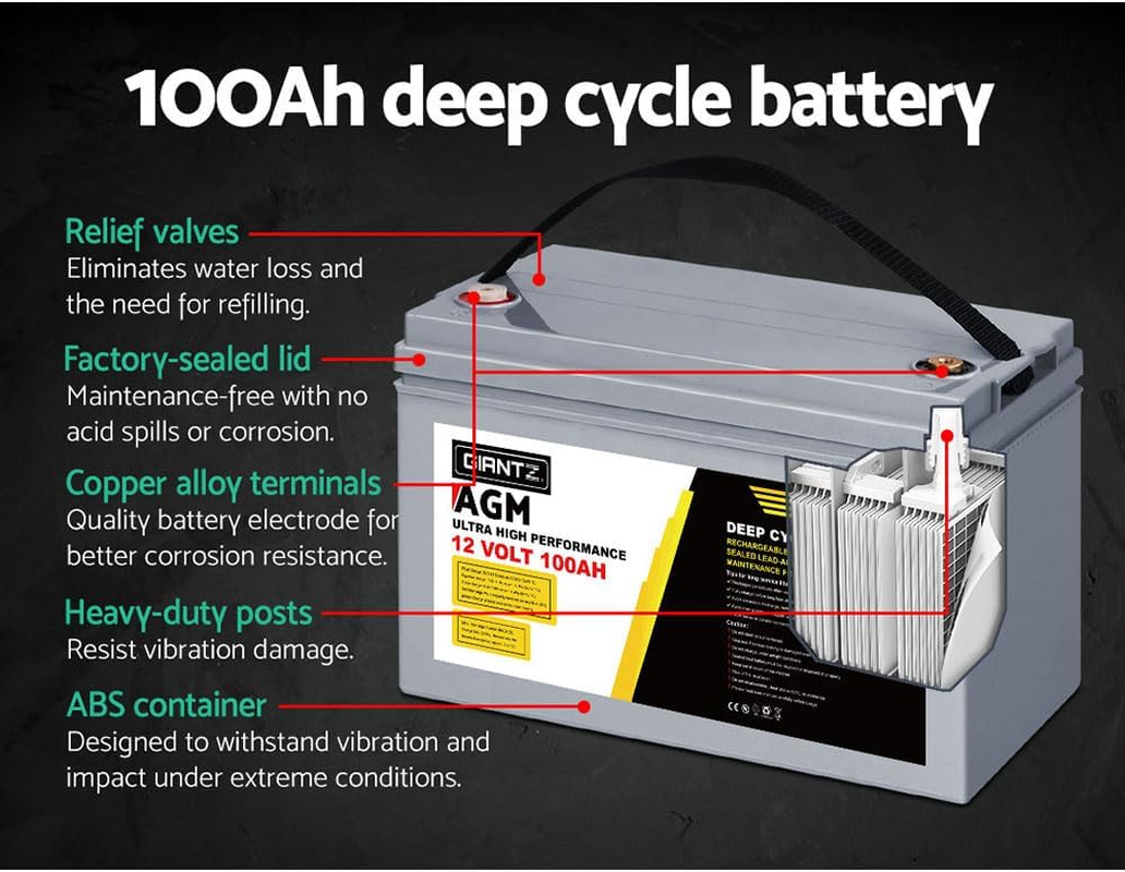 Giantz 2X 100Ah AGM Deep Cycle Battery, Recharge Batterys 4WD Charging Portable with Handle, 1400 Cycles Long Life High Performance for Solar Fridge Camping Car Power Supply image number 3