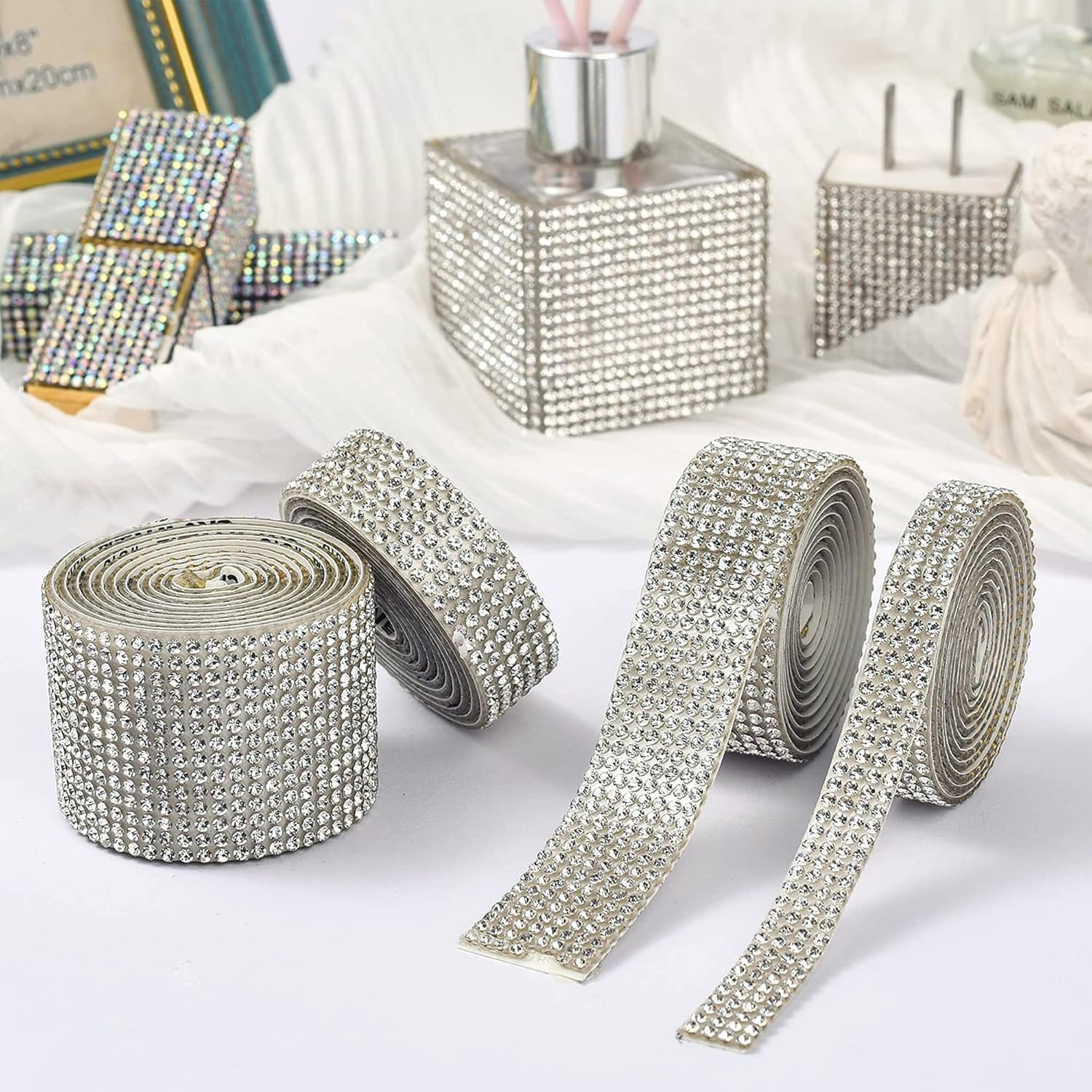 5 Rolls Self Adhesive Crystal Rhinestone Ribbon, Diamond Bling Tape with 2 Mm Rhinestones Sticker for Arts Crafts Wedding Birthday Party DIY Event Car Phone Decoration (White) image number 1