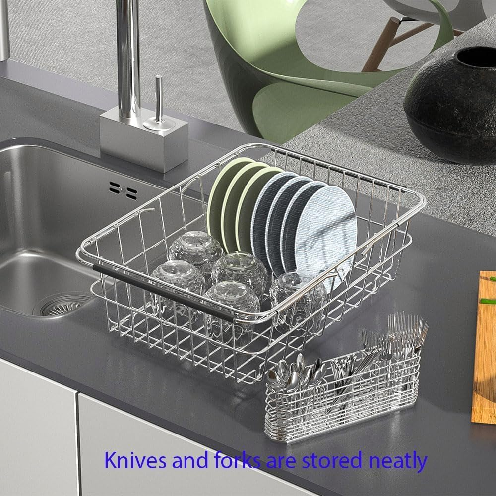 Cutlery Holder, Silverware Organizer and Drying Rack Stainless Steel Cutlery Rack with Hook Drying Rack, 3 Compartments, Rust-Proof. image number 4