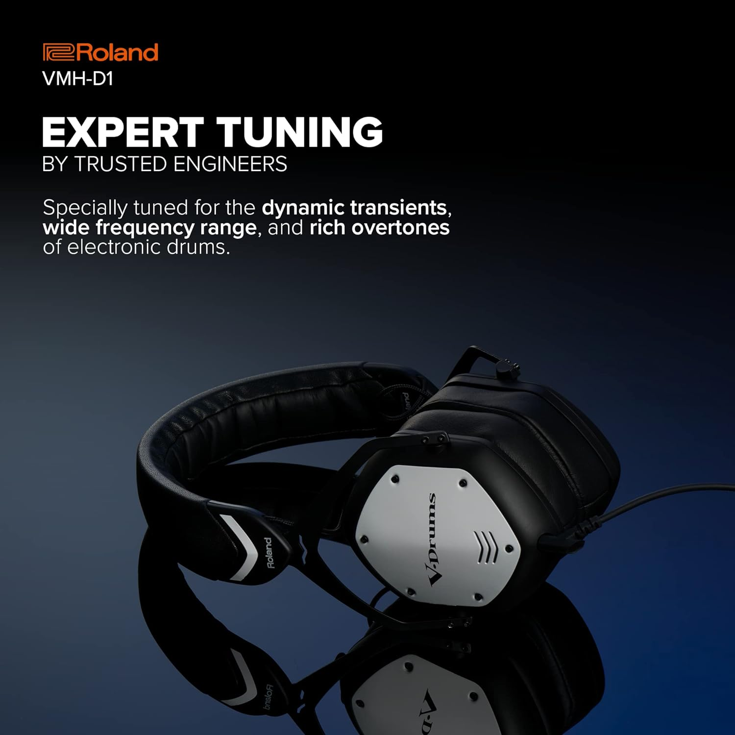 Roland VMH-D1 V-Drums Headphones | Designed by Roland & V-Moda for V-Drums & All Electronic Drum Kits | Immersive Sound | Extended Comfort | Long Cable for Tangle-Free Drumming | Customizable Shields