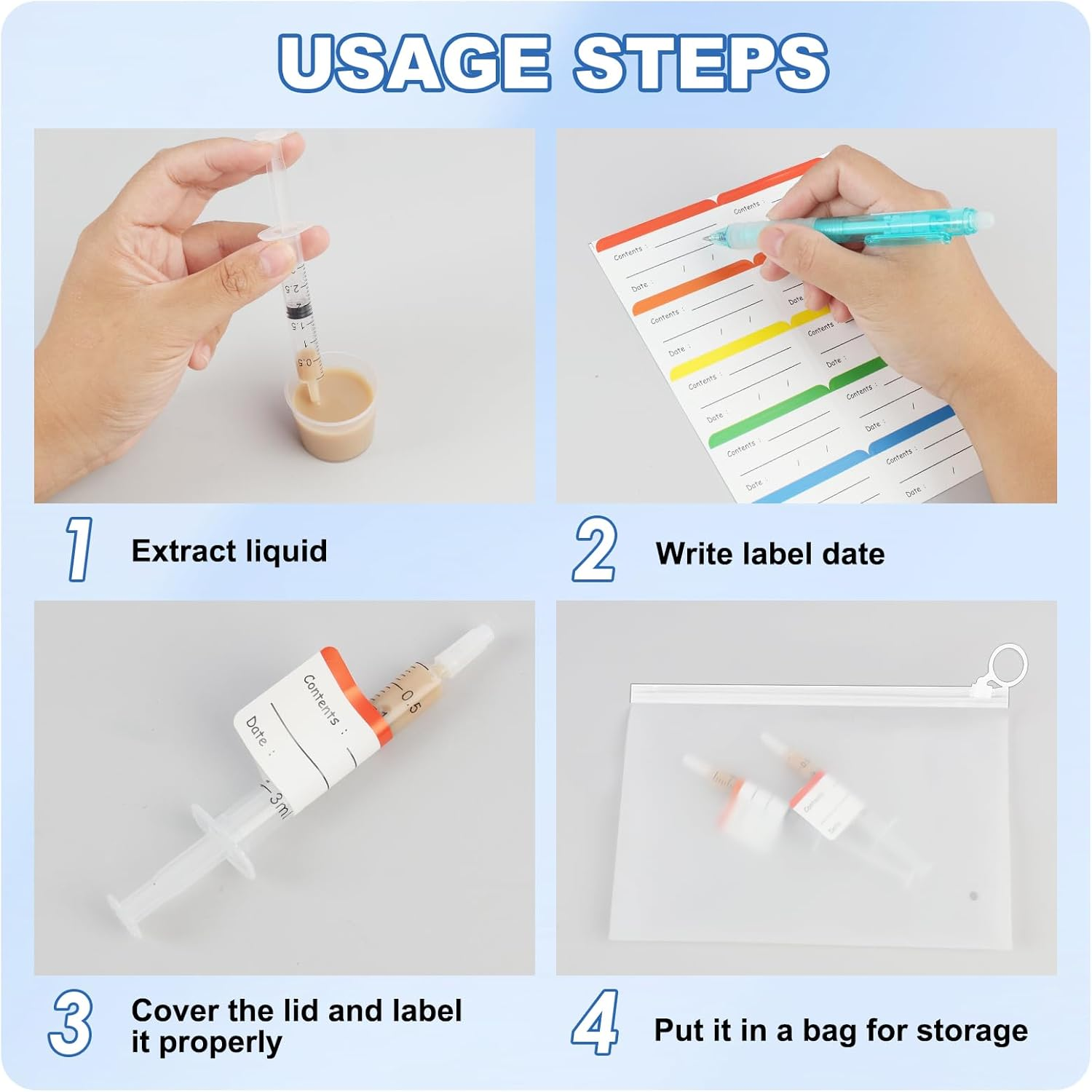 53Pcs Colostrum Collection & Storage Kit, 20 Sterile Sealed Breast Milk Collector(3 ML) Syringe No-Needle with Sealed Caps, 30 Stickers, 2 Colostrum Collection Measuring Cup(20Ml) 1 Slide Lock Bag for Breastfeeding image number 6