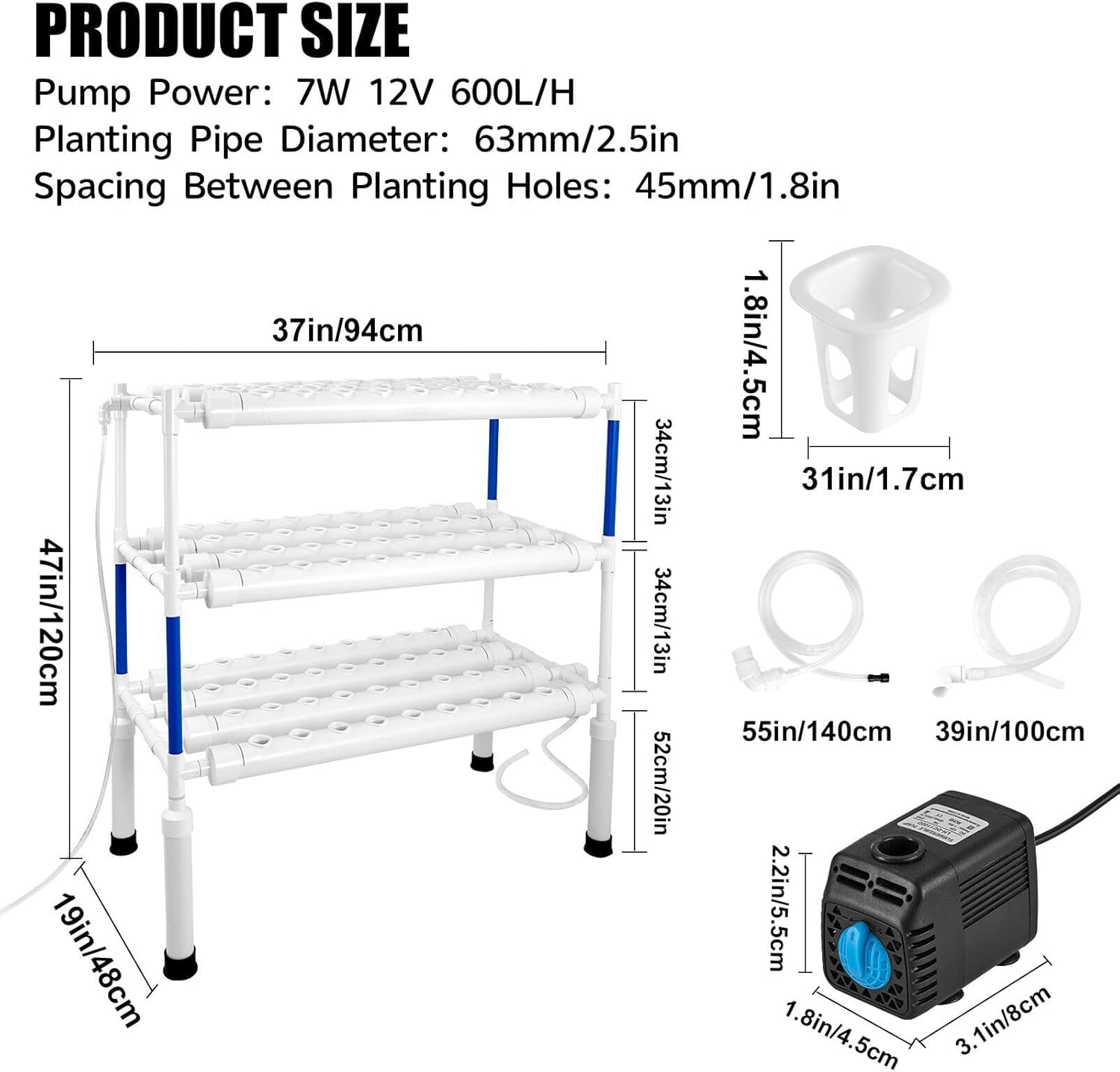 Hydroponics Growing System 108 Plant Sites, 3 Layers 12 Food-Grade PVC-U Pipes Gardening System Grow Kit, Nest Basket and Sponge for Leafy Vegetables,Fruits,Herb image number 3