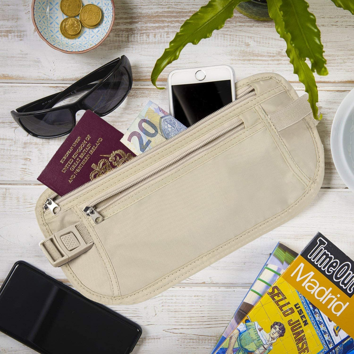 Yuanyoutong Secure Travel Money Belt, Anti-Theft Passport Holder Travel Wallet for Men Women, Hidden under Clothes Belt Wallet, Security Travel Pouch, Waterproof Waist Bumbag for Money, Cards and Keys, Beige, One Size, Double Zipper Pocket Design image number 2