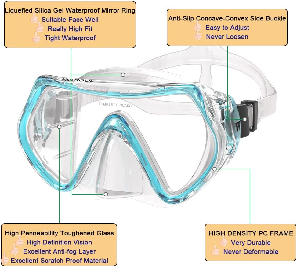 WACOOL Professional Adults Teens Kids Snorkeling Snorkel Diving Scuba Package Set with Anti-Fog Coated Glass Purge Valve and Anti-Splash Silicon Mouth Piece for Men Women image number 5