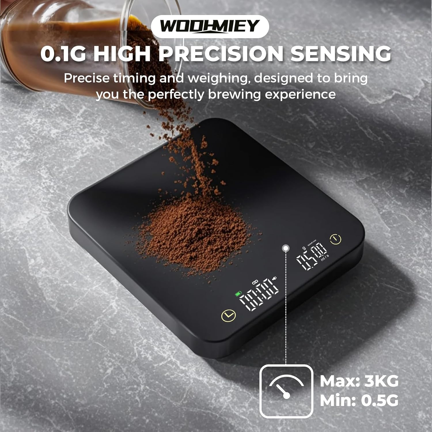 WODHMIEY Coffee Scale with Timer, 3Kg/0.1G High Accuracy, Rechargeable Mini Smart Display and Espresso Scale, Kitchen Scale with Calibration Function for Coffee Brewing Baking image number 5