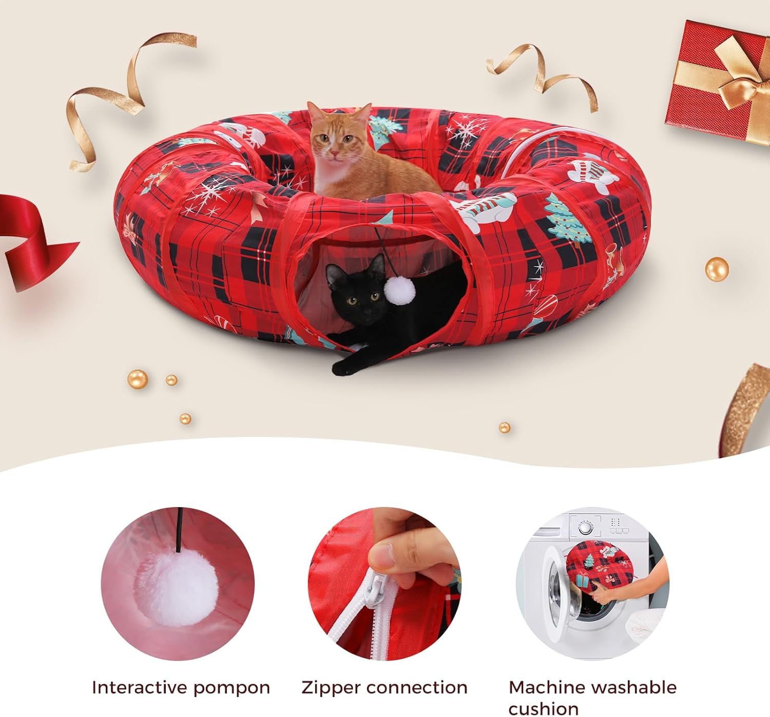 PAWZ Road Cat Tunnel for Indoor Cats, Bed with Central Mat, Peephole, Toy, Hanging Balls, Christmas Toy, Diameter 90 Cm, Red image number 1