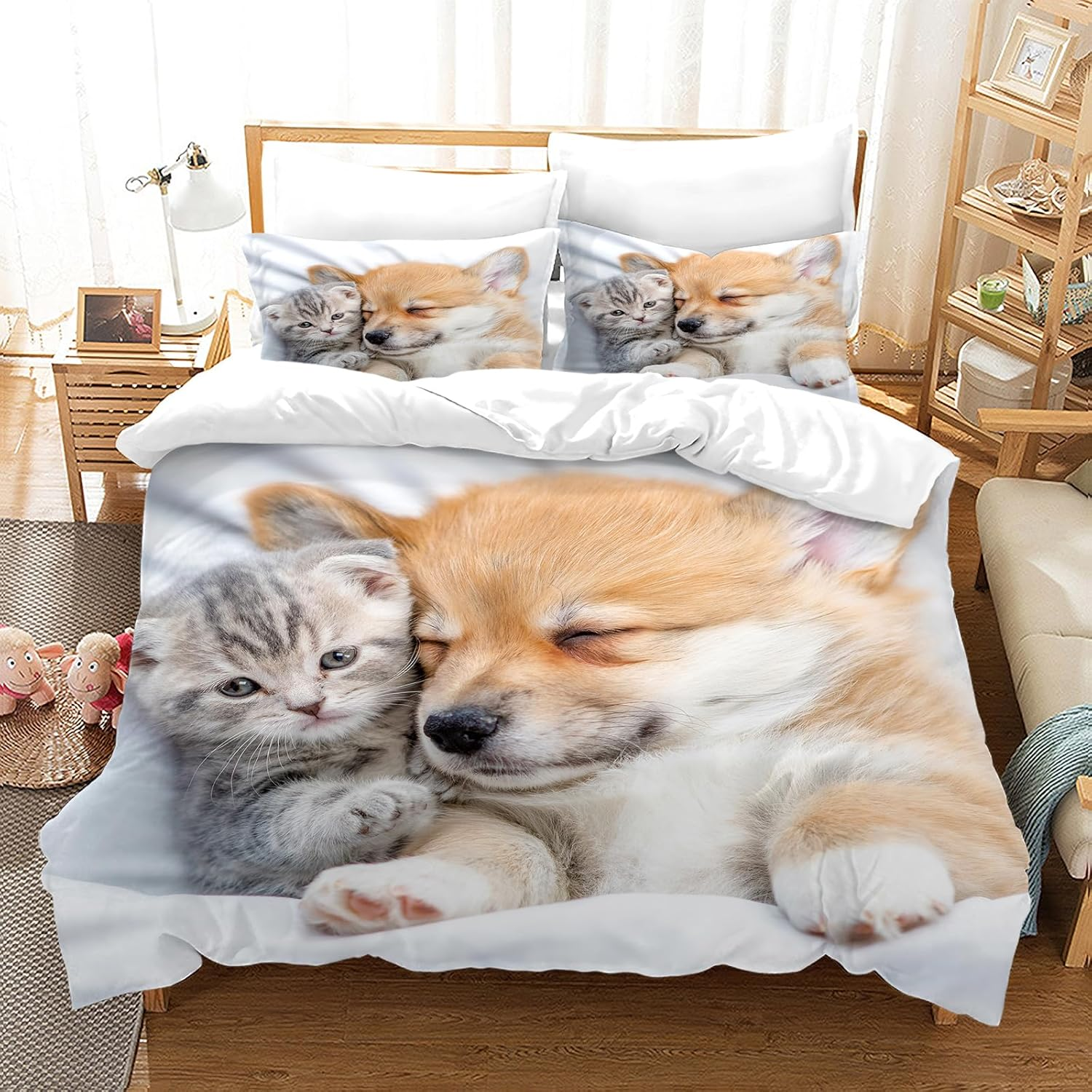 PORJDN Bedding Set Cats and Dogs, Children'S Bedding with Duvet Cover and Pillowcase 65 X 65 Cm. Kitty Pattern Duvet Cover 3D Pet Cat Duvet Cover Set (Cats and Dogs-2, 140 X 200 Cm)