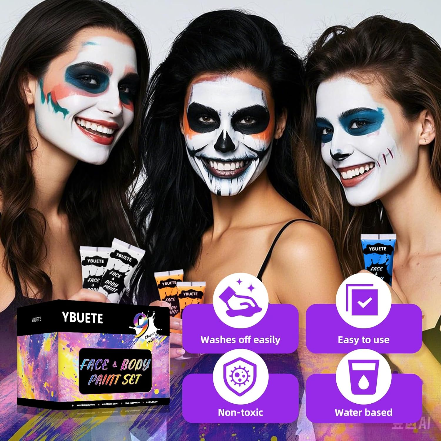 9 Colors Face Body Paint Set, Professional Paint Set for Halloween Cosplay Costume Party, Full-Coverage Multi-Color Cream Makeup Blendable Set for Adults Halloween Cosplay SFX Makeup Paint image number 2