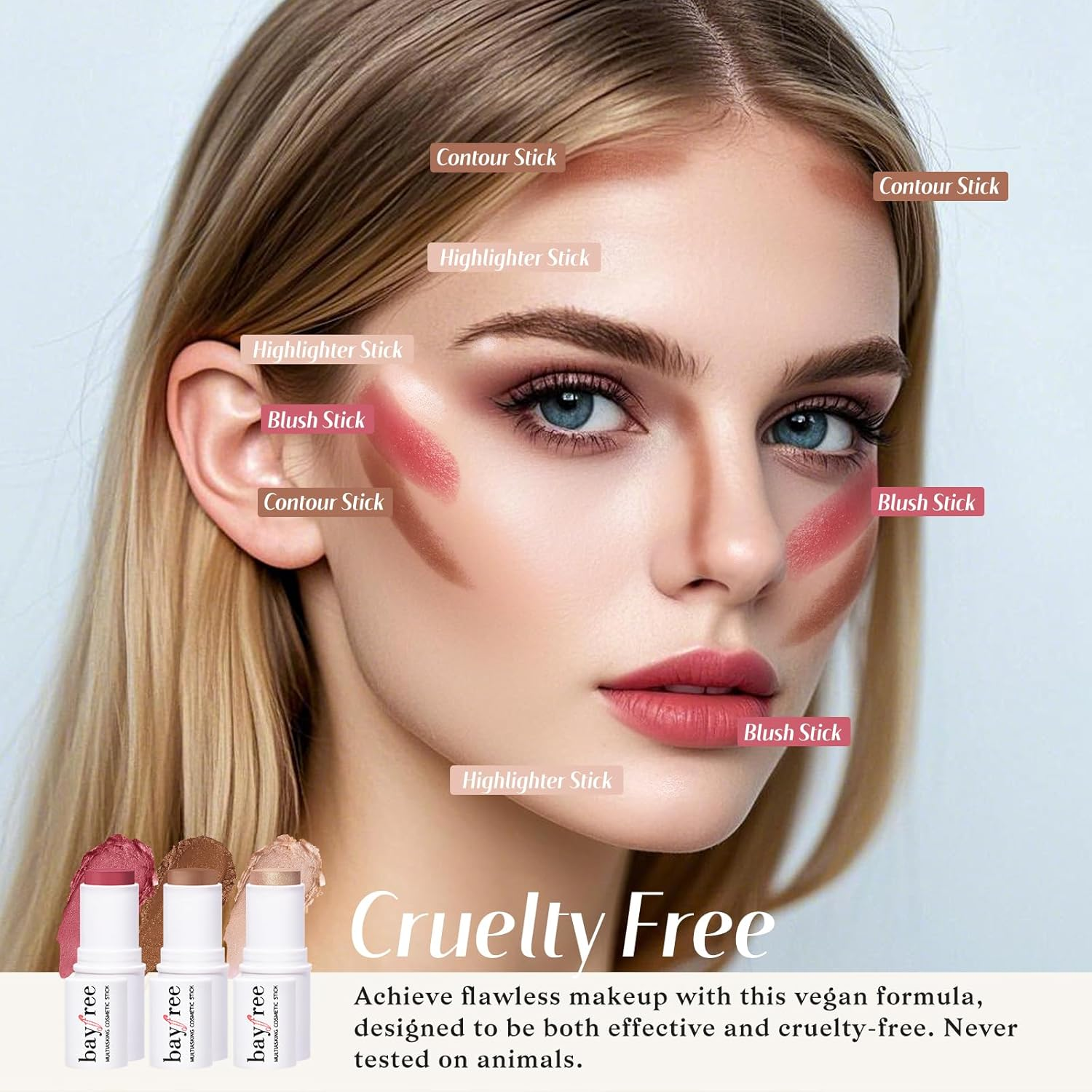 KIMUSE Face Sticks Trio, Cream Blush & Highlighter & Contour Stick for Sculpt the Cheeks, Long Lasting Cream Contour Stick Trio for Face Makeup, with Brush image number 5