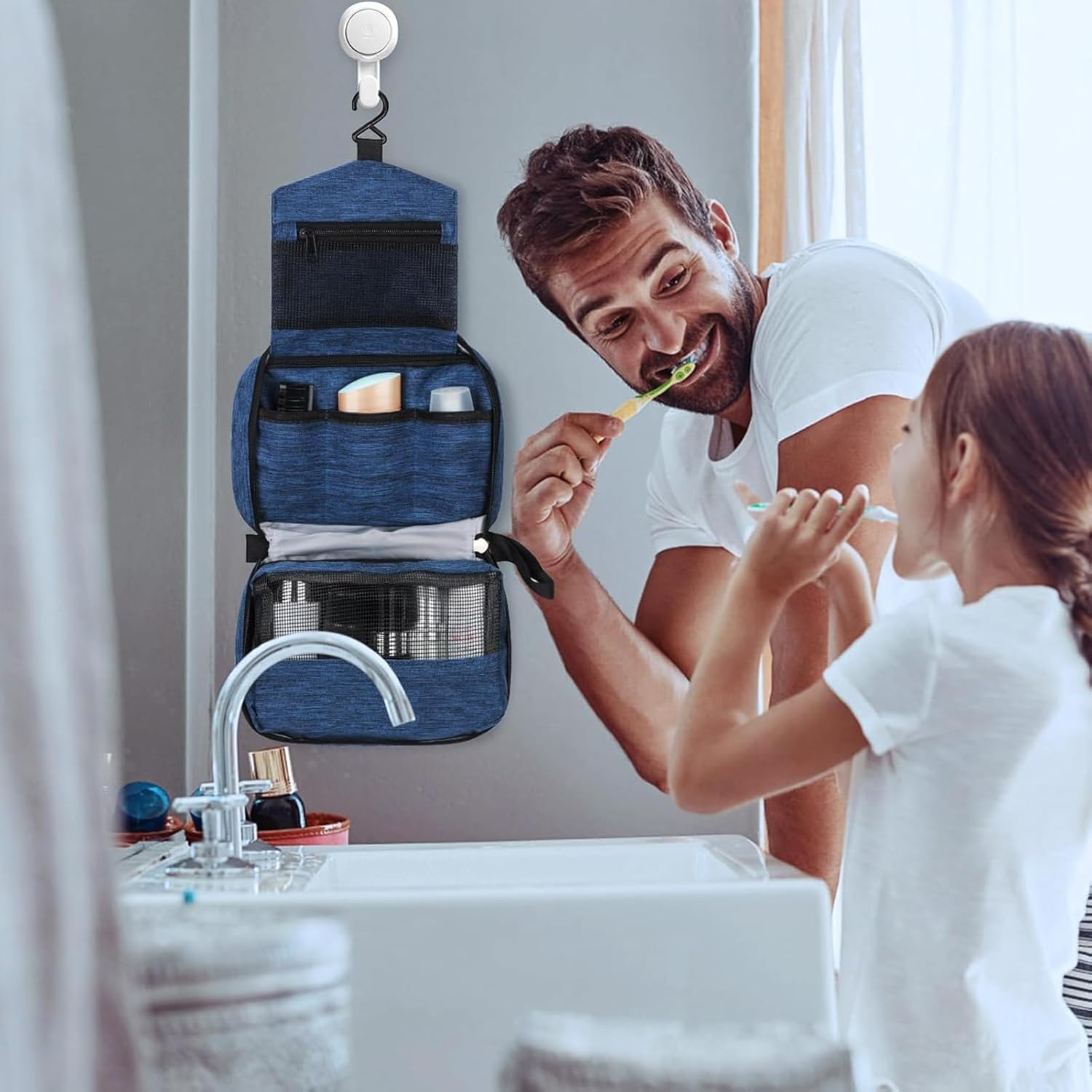 Hanging Toiletry Bag with Handles Portable Wash Bag for Camping and Outdoor Wash Organiser + 2 Drawstring Pouches | Dry/Wet Separation Blue image number 4