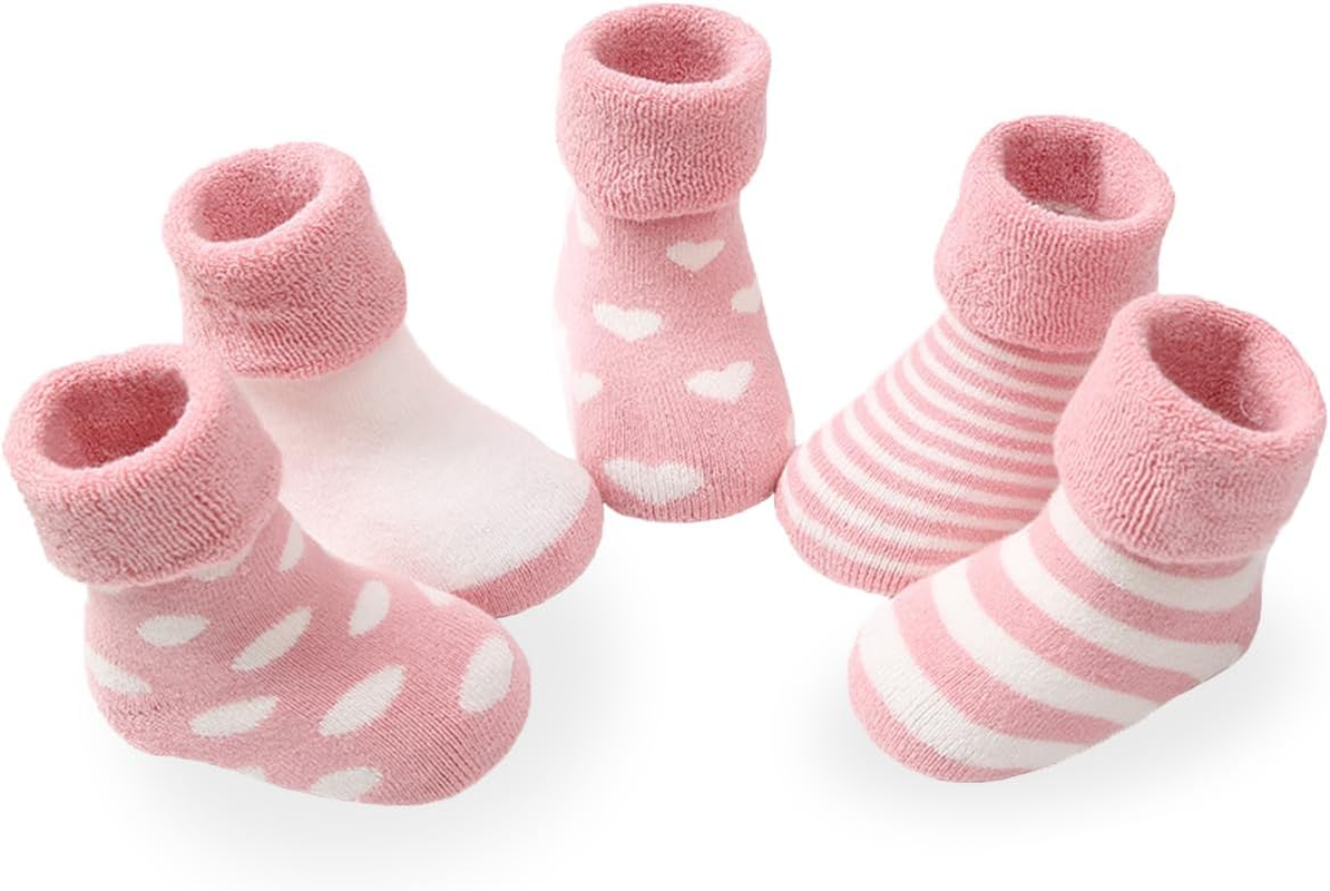 5 Pairs Baby Warm Thick Cotton Socks, Soft Toddler Girls Boy Thermal Crew Socks Infants Combed Cotton Socks Turn Cuff Socks for 0-1/1-3 Years Kids, Pink/Blue