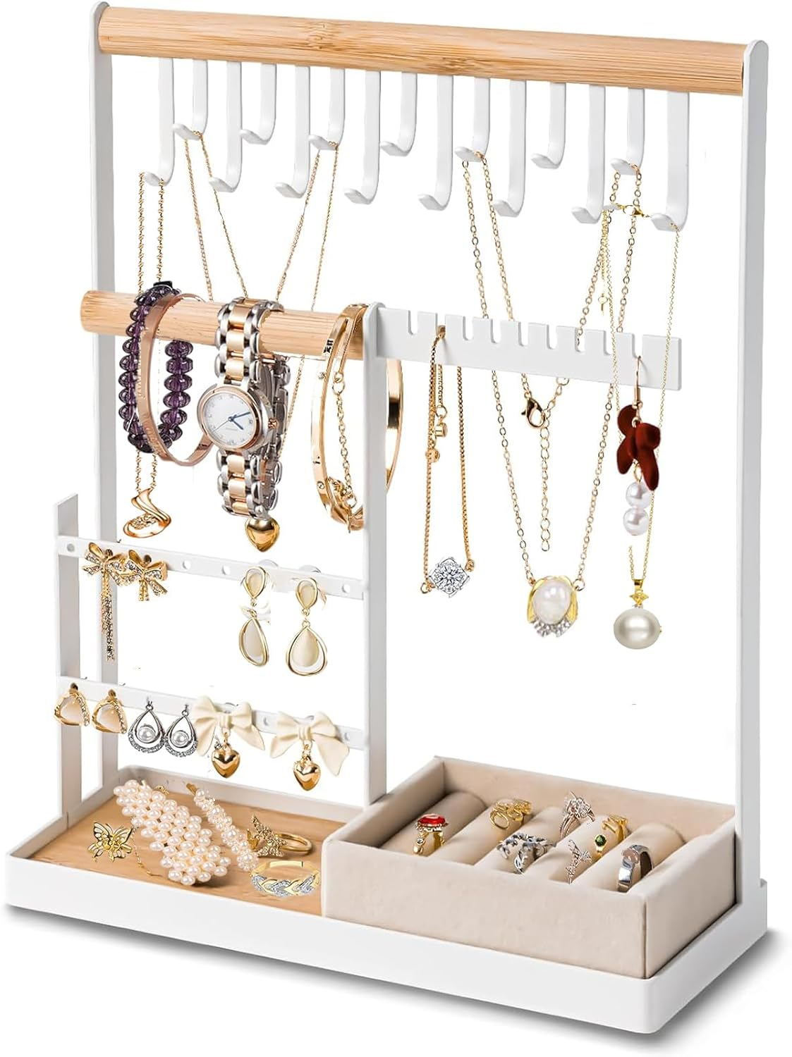 Jewelry Organizer Stand,Jewelry Organizer with Necklace Organizer,Velvet Ring Holder and Jewelry Dish,4 Tier Jewelry Tree Stand Organizer for Earrings,Bracelets,Rings Storage and Room Decor image number 5
