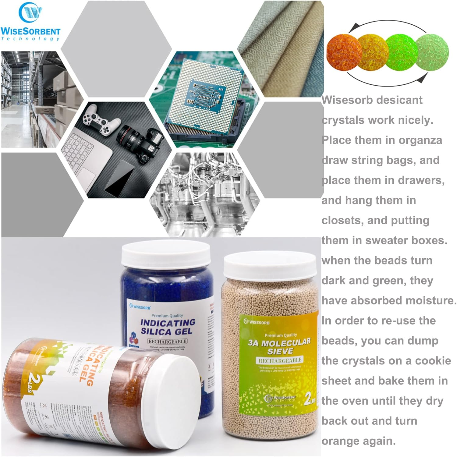 Wisesorb Silica Gel 2LBS, Indicating Silica Beads (Orange to Green), Reusable Silica Gel Desiccant Dehumidifier image number 1