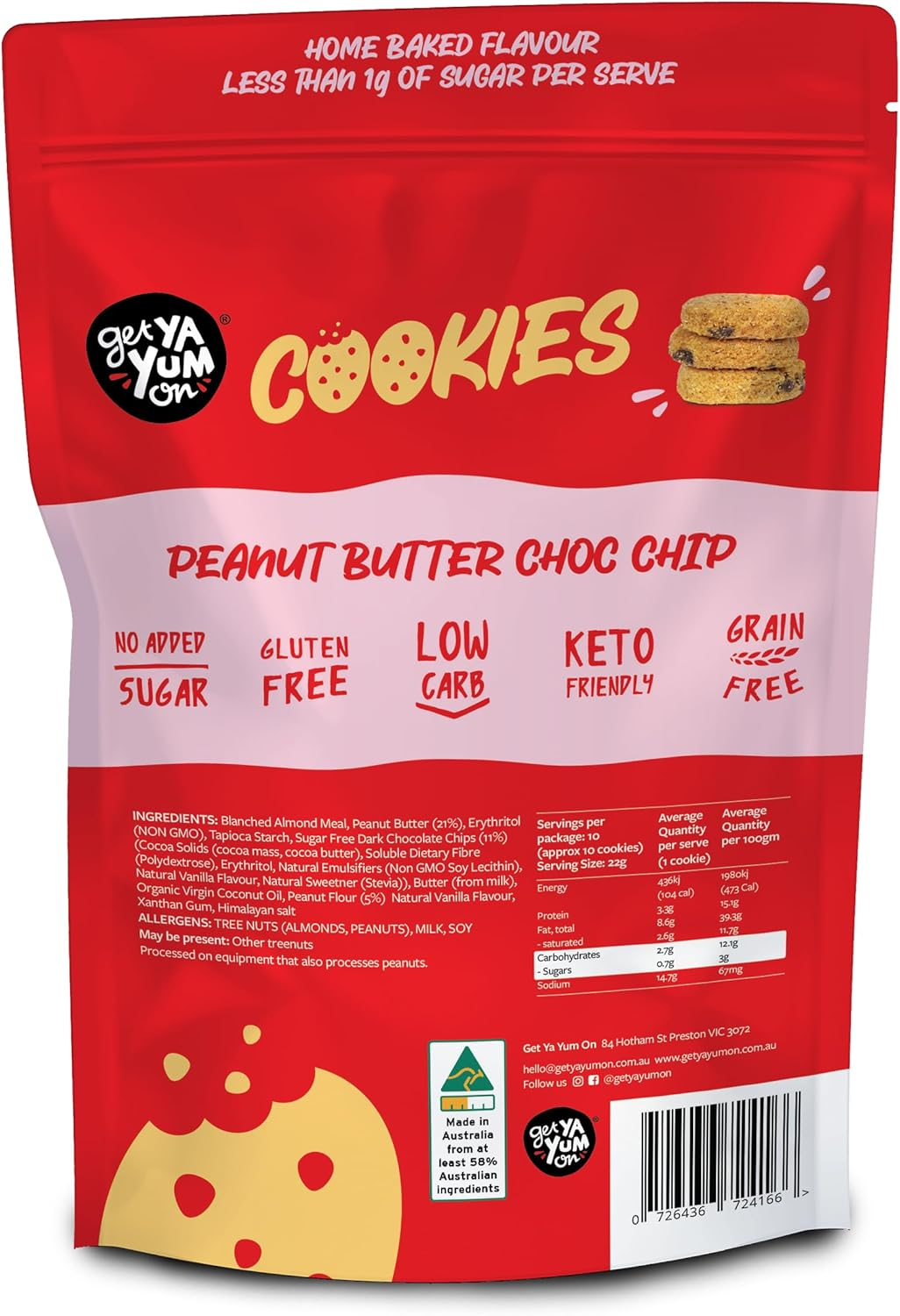 GET YA YUM on - SUGAR FREE PEANUT BUTTER CHOC CHIP COOKIES - NO SUGAR ADDED, GLUTEN FREE, LOW CARB, HOMEBAKED FLAVOUR VALUE PACK 220G image number 4