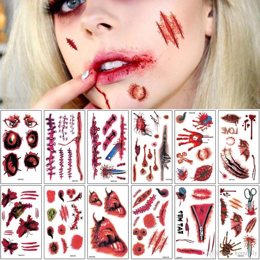 30 Sheets Halloween Tattoo Sticker Waterproof - Temporary Tattoos - Bats Cuts Blood Splatter Stitches Spiders Webs Witches - Halloween Sticker Pack for Adults Kids - Steadyink&reg; image number 5