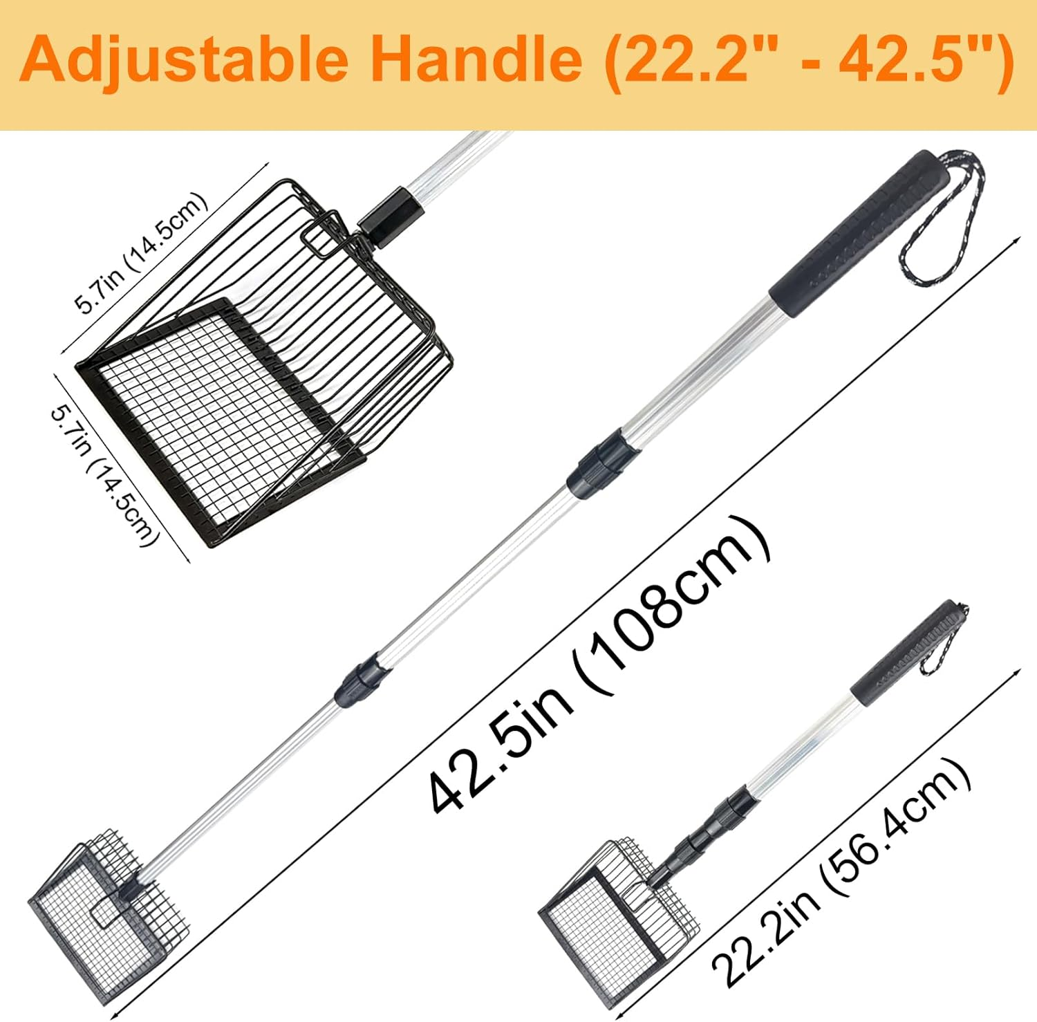 Neehows Cat Litter Scoop with Extendable Long Handle, 22.2"-42.5" No Bending Back Metal Kitty Litter Scoop, Large Non-Stick Wide Flat Head Heavy Duty Cat Pooper Scooper image number 1