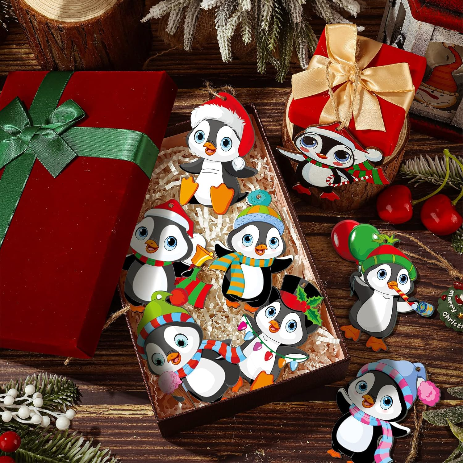 Gerrii 40 Pieces Christmas Penguin Ornaments Bulk for Xmas Tree Wood with Rope Dancing Penguin Ornaments for Christmas Holiday Party Decorations image number 3