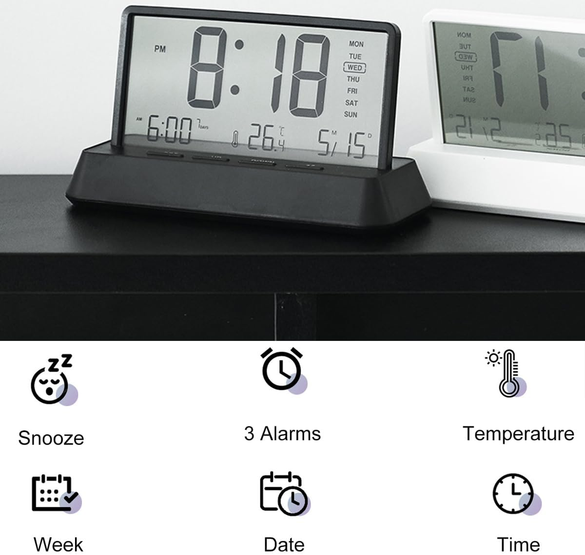 Lancoon LCD Digital Alarm Clock with 3 Alarms Transparent Temperature Date Week Display Snooze Desktop Simple Portable Easy to Use for Home Decor Bedroom Office Kids image number 5