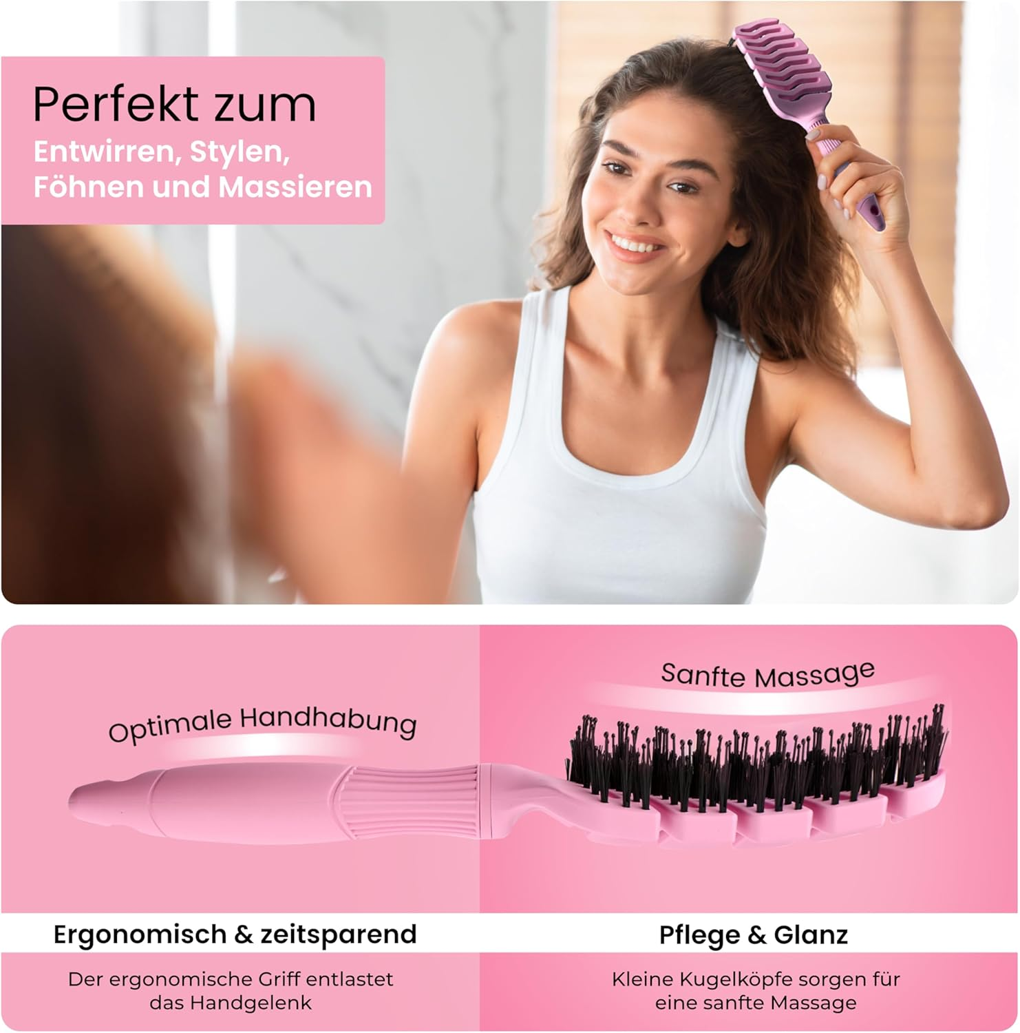 HERCULES S&Auml;GEMANN - Flexy Shape Brush (Wide) | Hair Brush for Extra Gentle Detangling Hairbrush with Ergonomic Handle with Vegan Bristles and Nylon Pins for Healthy Hair | Colour: Soft Pink image number 3
