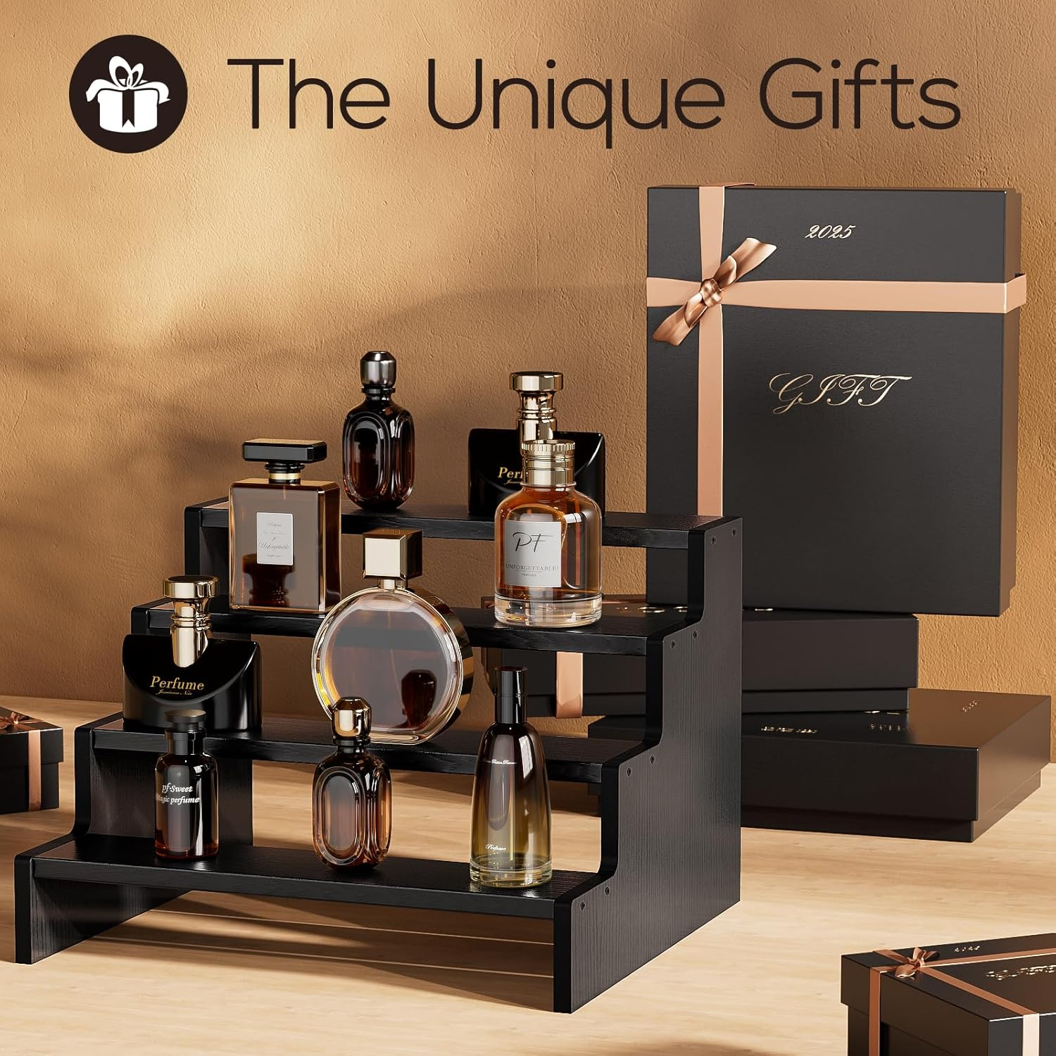 Procase Wooden Cologne Organizer for Men, 4 Tier Perfume Organizer Display Risers, Mens Cologne Stand Holder Organizer, Cologne Shelf Rack for Fragrances Candles Cosmetics Cupcake Figure -Black image number 5