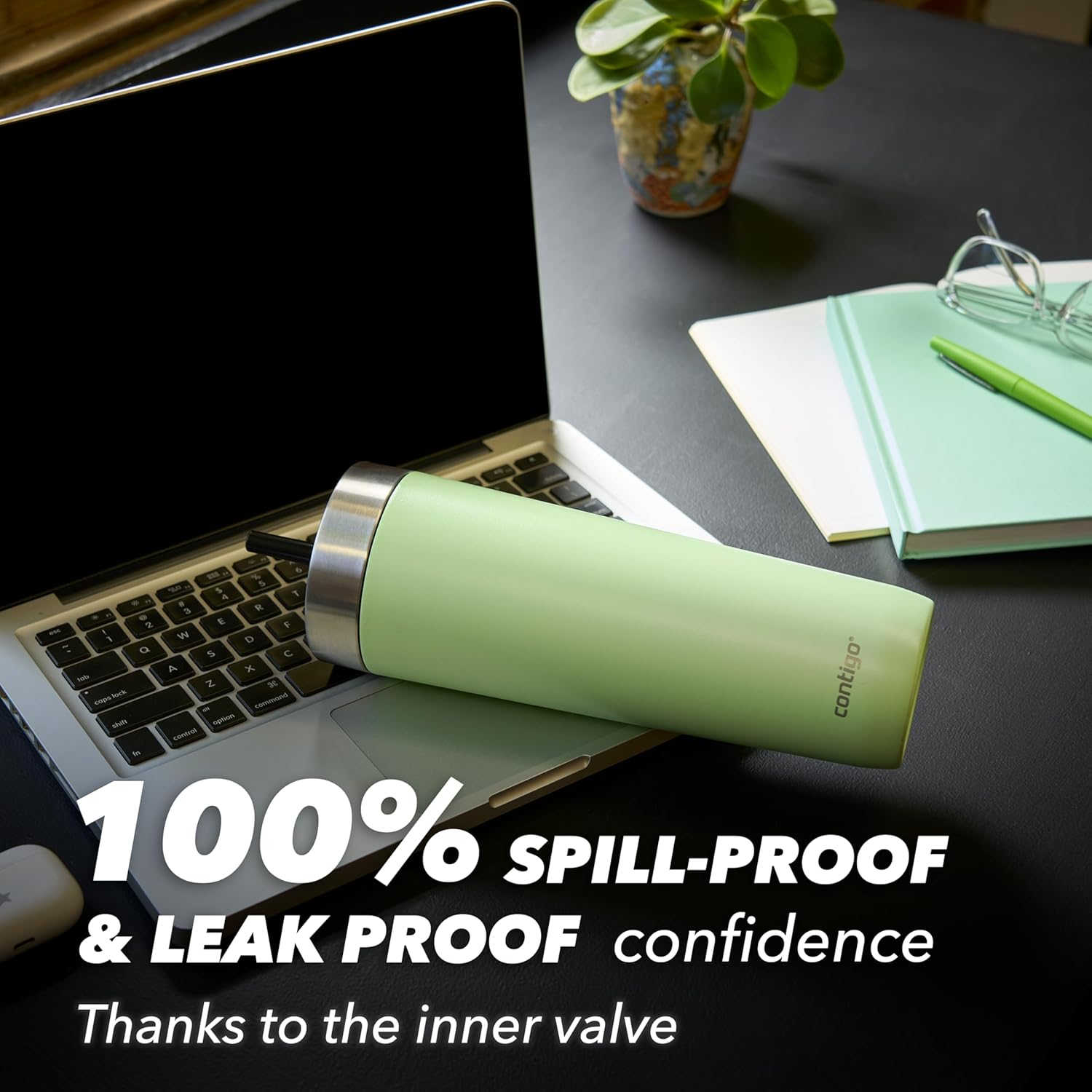 Contigo No-Spill Tumbler with Straw 720 Ml | 100% Leak-Proof & Spill-Proof | Stainless Steel Vacuum Insulated Water Bottle with Lid | Cold for 14 Hours | Travel Mug | Thermal Flask | BPA Free - Cucumber image number 2