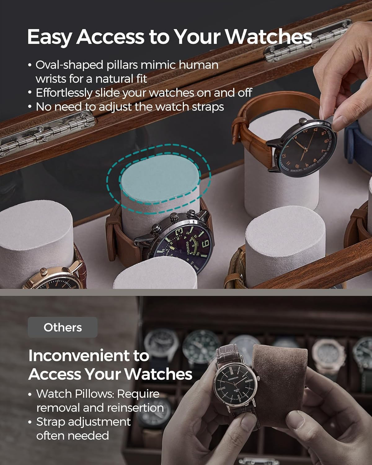 SONGMICS 2-Tier Watch Case, Watch Display Box, Watch Holder with 7 Pillars, Drawer, Acrylic and Solid Wood Top, Velvet Lining, Coffee Brown UJOW007K01 image number 6