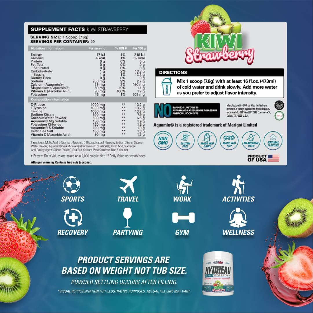 EHP Labs Hydreau Electrolytes Powder No Sugar - Hydration for Endurance & Energy - Electrolyte Powder for Men & Women - Sugar Free Electrolytes - (Kiwi Strawberry, 40 Serves) image number 1